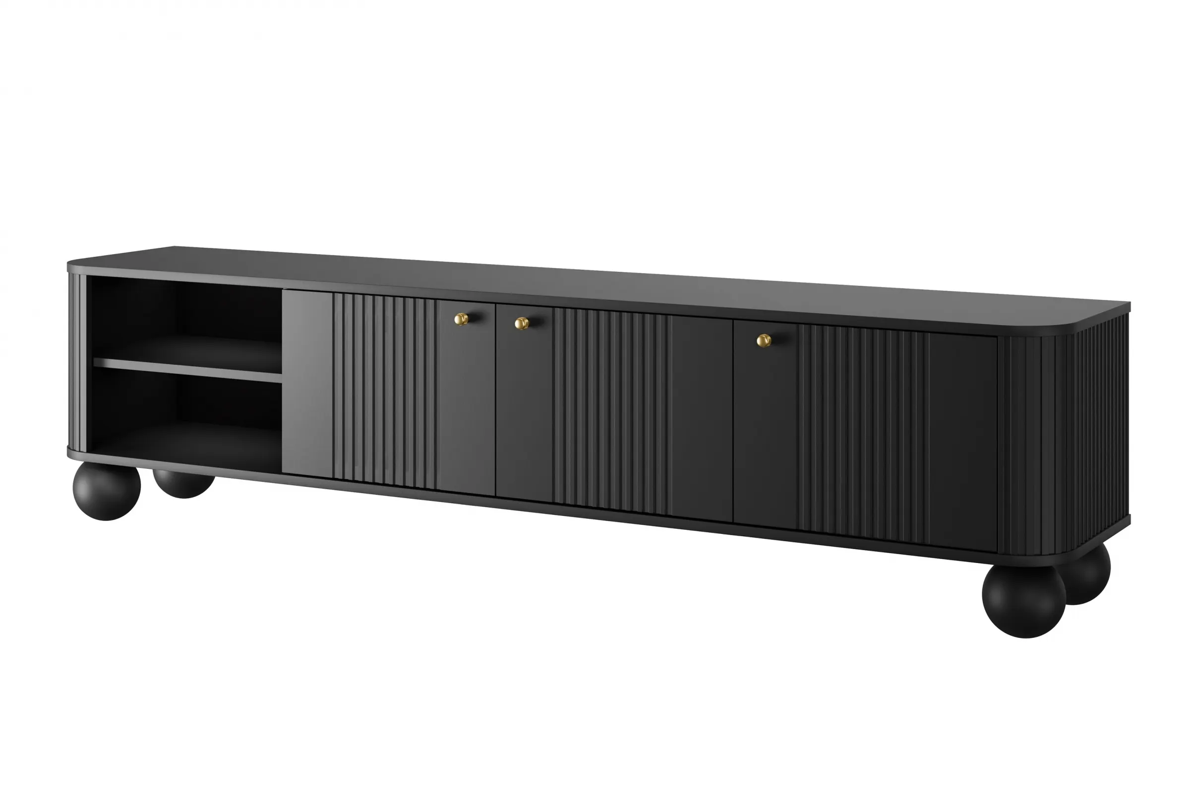 Szafka RTV 3-drzwiowa VESPER RTV 187 ryflowany front czarna złote uchwyty nogi kule Meble, Kredens, Szafka, Łóżeczko, Łóżko dziecięce