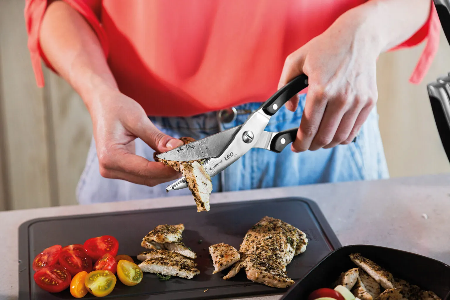 scissors, kitchen, food prep, kurczak, pomidorach