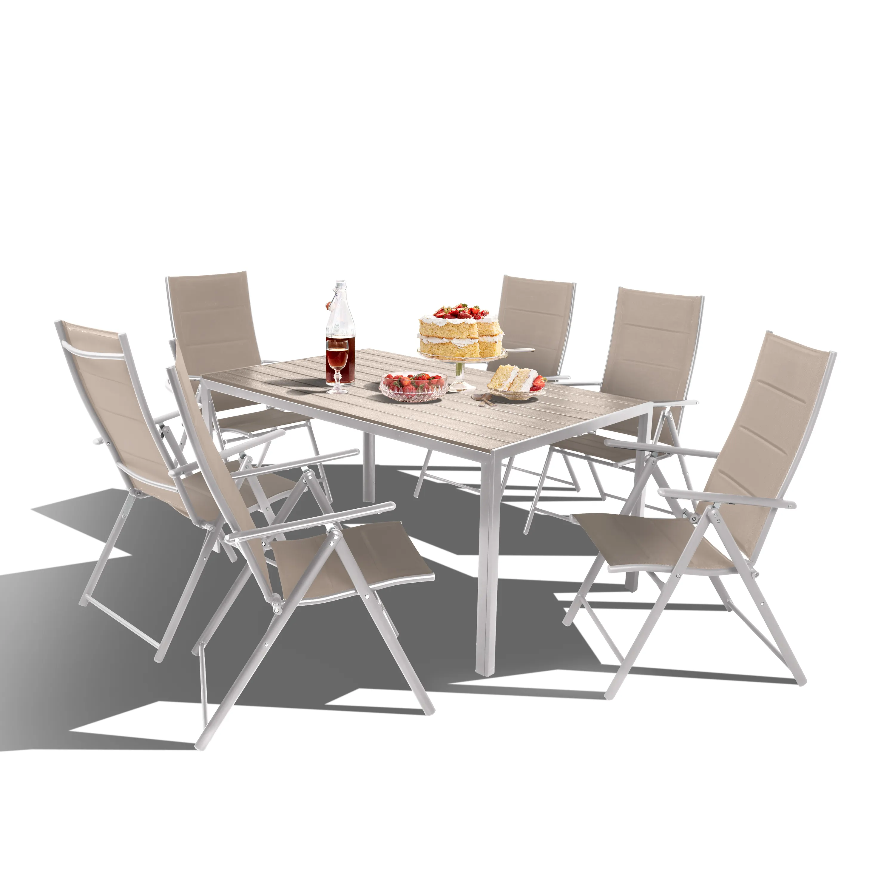 Zestaw Mebli Luxury stół 150x90cm + 6 składanych krzeseł beżowo-srebrny - DLG_92092