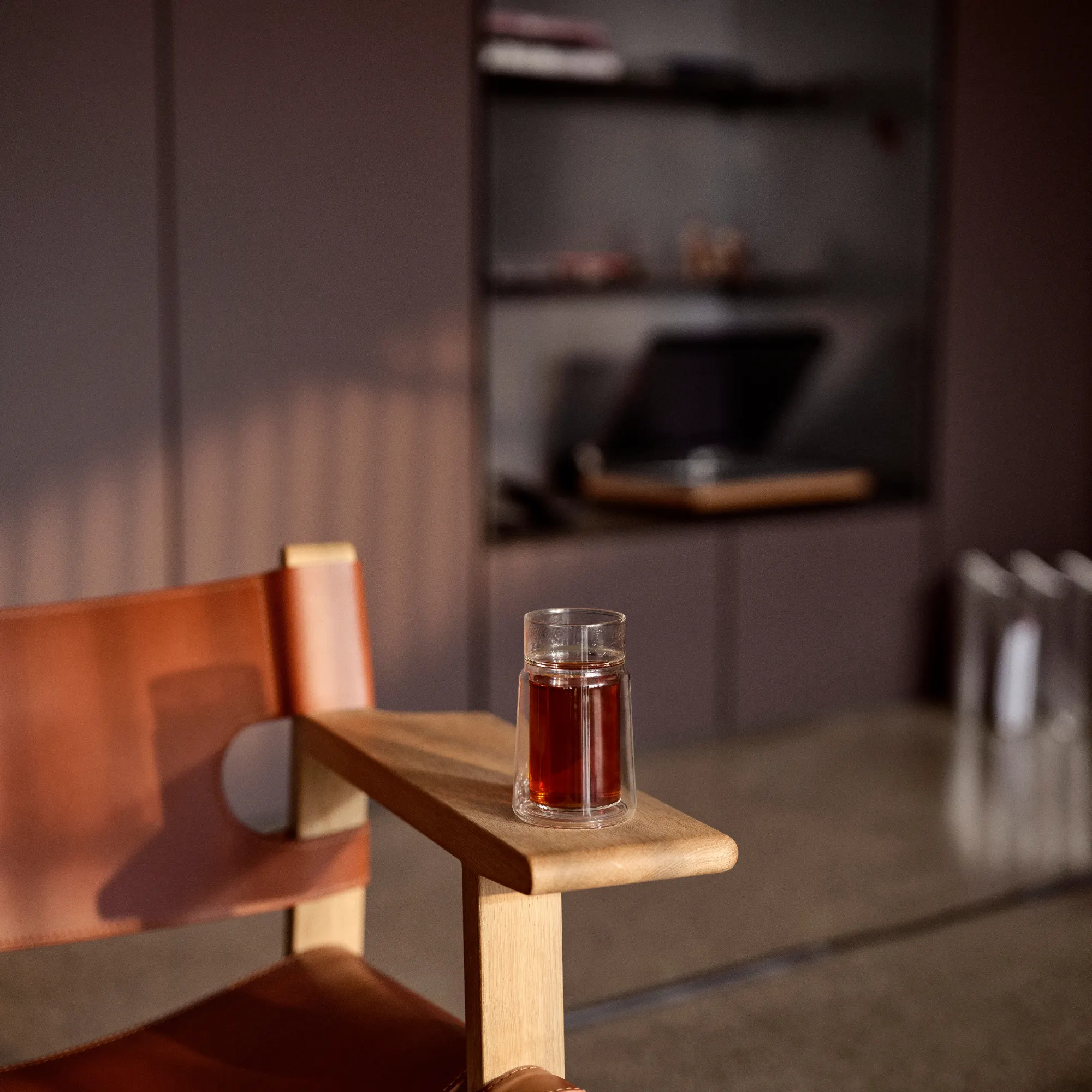glass, tea, liquor, wood, chair