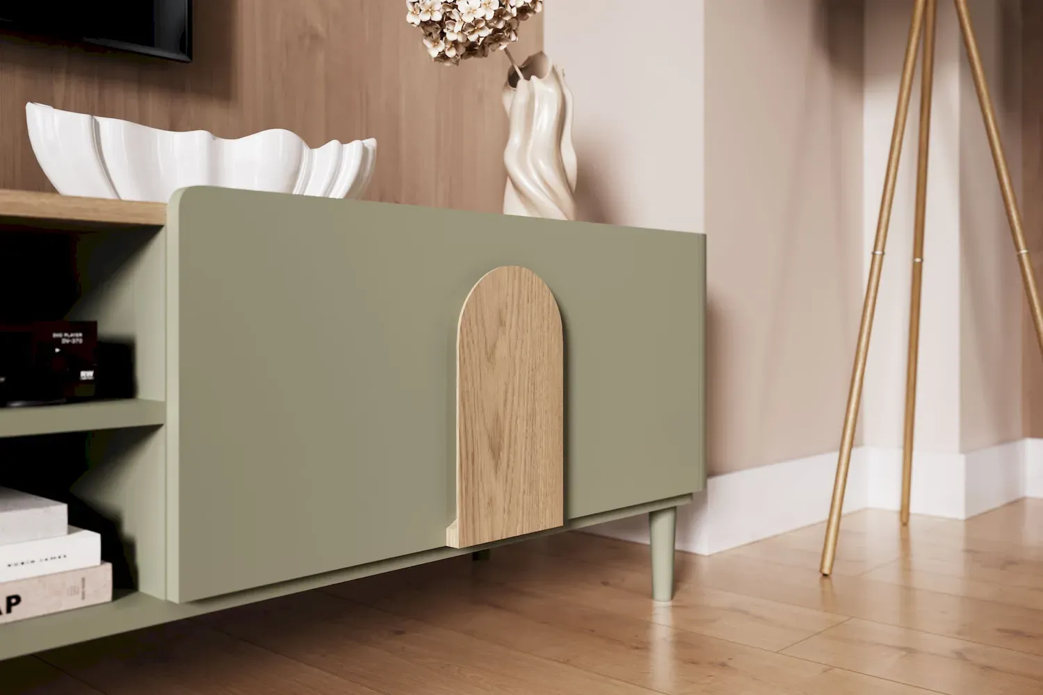 Safka RTV z klapą i szufladą AMILIO 220 - eukaliptus dąb baltic dune uchwyty dąb naturalny nogi eukaliptus - B_169228