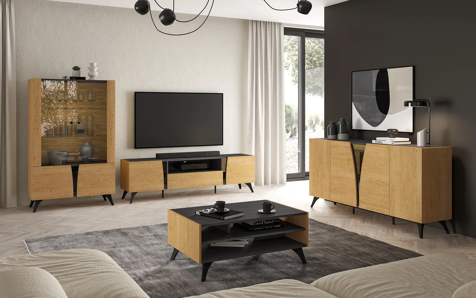 Witryna 1-drzwiowa TOSCANIA 02 prawa dąb baltic dune jesion prestige czarny — zdjęcie 15
