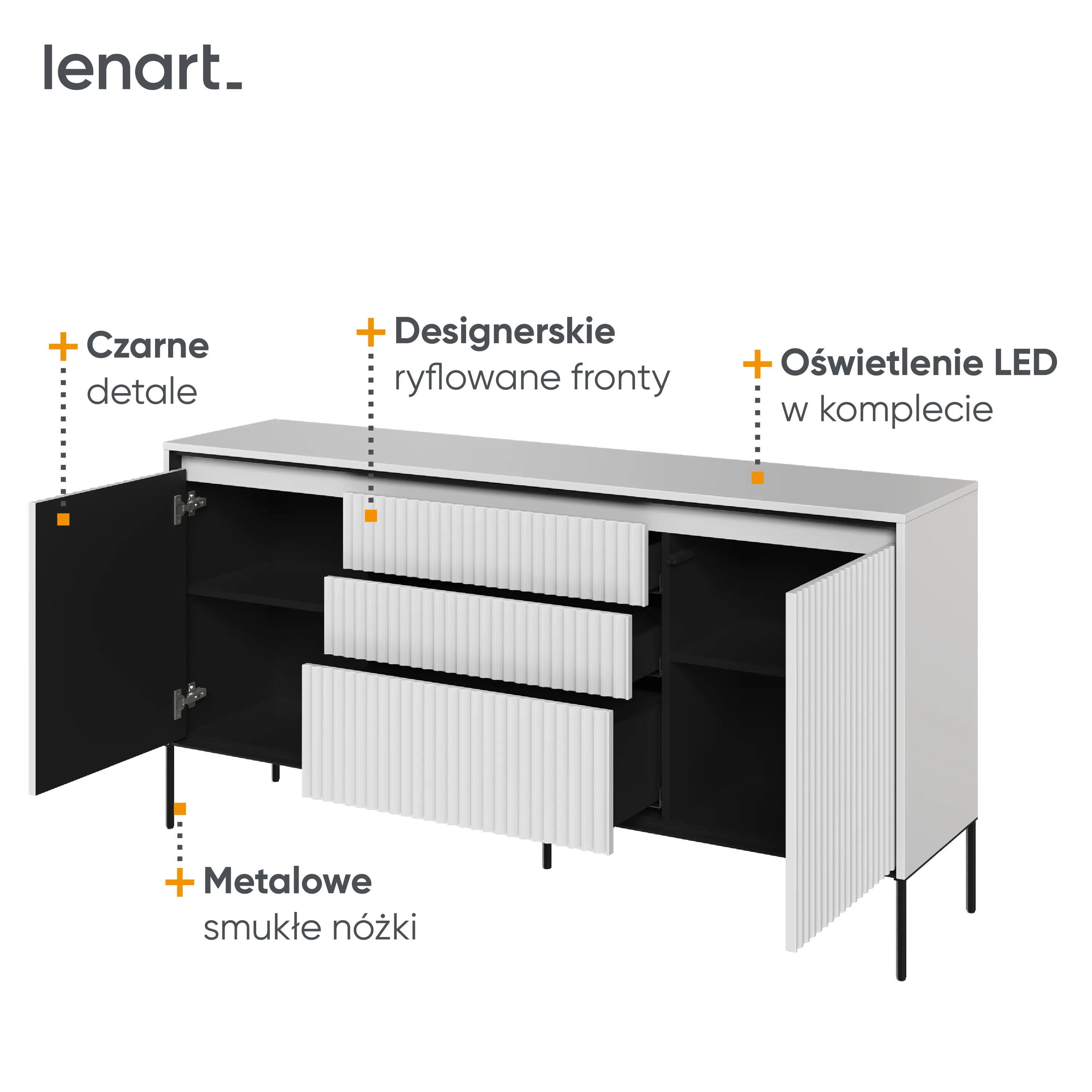 Komoda z oświetleniem TREND TR-01 2D3S ryflowana biały/czarny - TR1BIC-V2