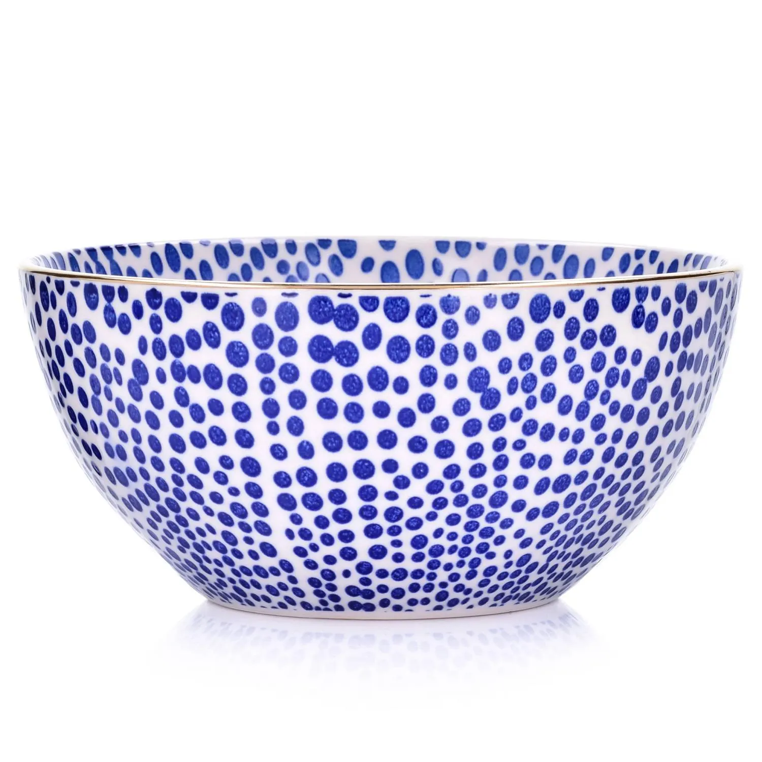 image miska ceramiczna, niebieskie kropki, biel ceramiczna, naczynie bulionowe, wzór plamki