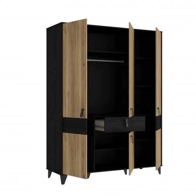 Szafa 4-drzwiowa LYA z szufladą 152x200 czarny/dąb cabezone - LYAS831-M688