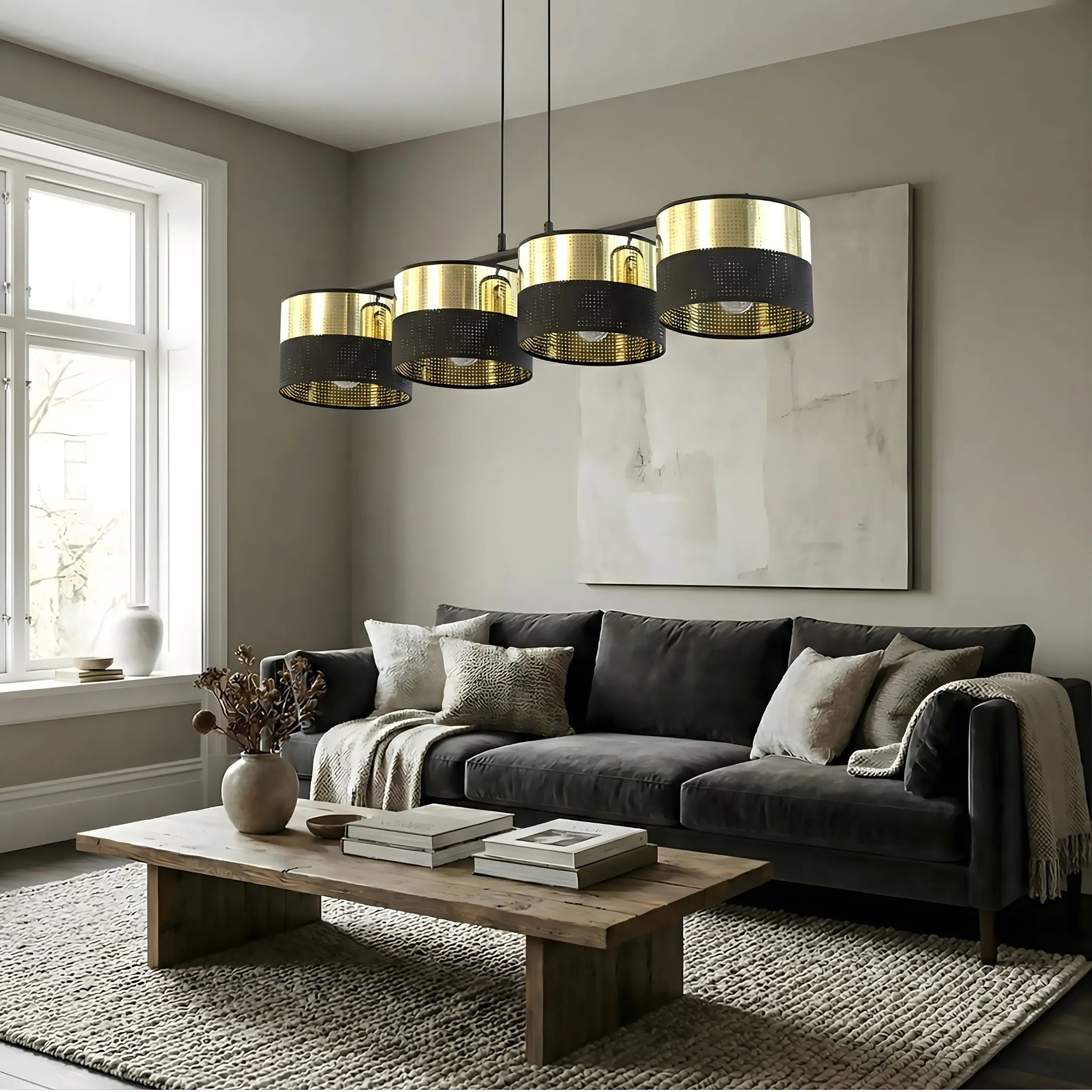 image lampa wisząca, kinkiet, sypialnia/jasny kolor, sofa szary, stolik kawowy drewniany