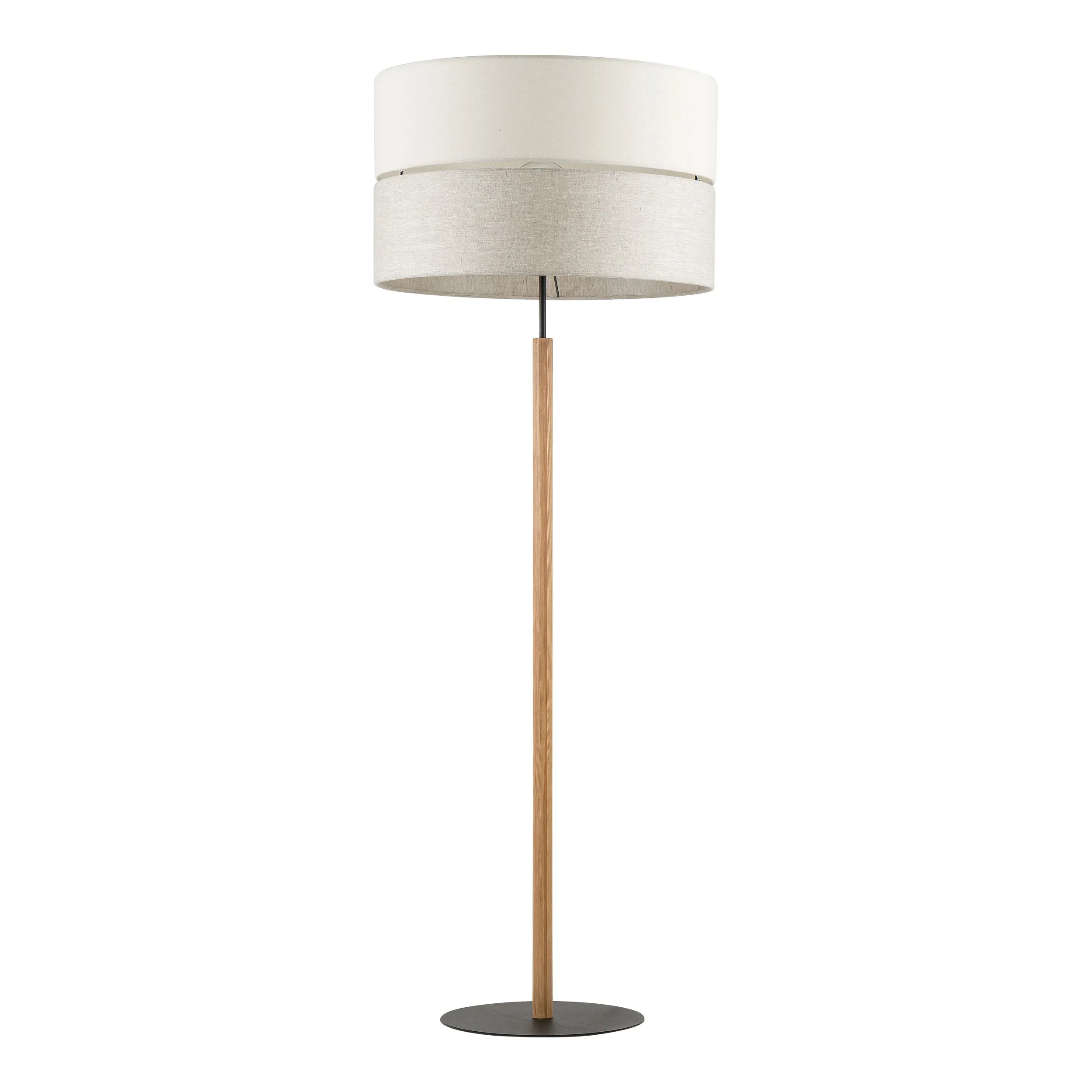 Lampa podłogowa ECO czarna drewniana podstawa szaro beżowy okrągły abażur z tkaniny 139x50cm