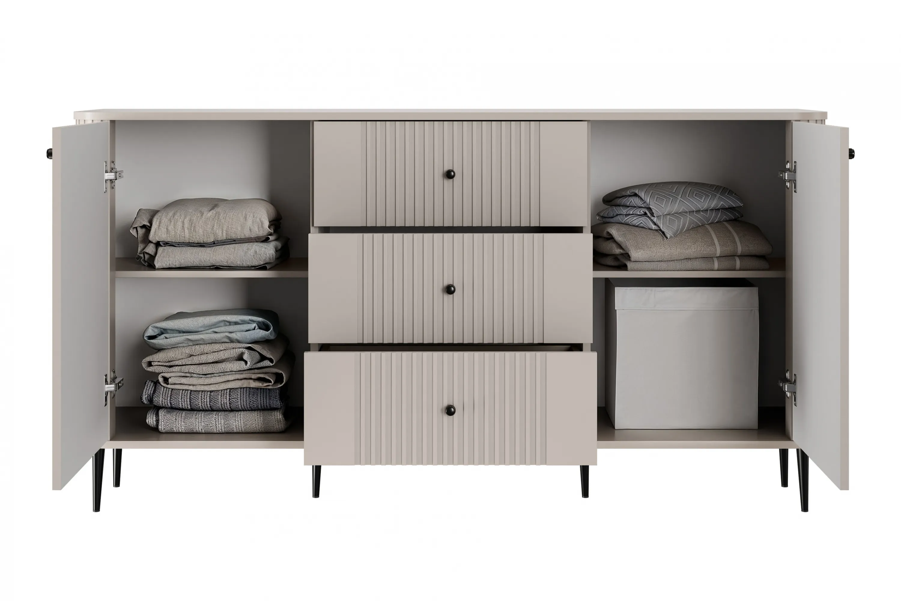 Komoda 2-drzwiowa z 3 szufladami VESPER 160 ryflowany front cashmere czarne nogi - B_163598