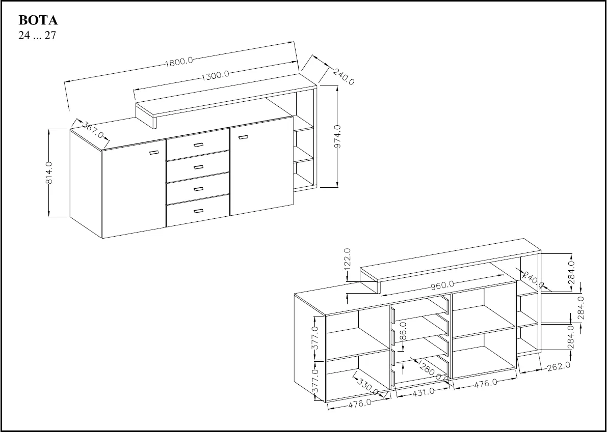 Komoda BOTA 27 z nadstawką dwudrzwiowa z szufladami dąb ribbec antracyt 180x98x37cm - 24JRFG27