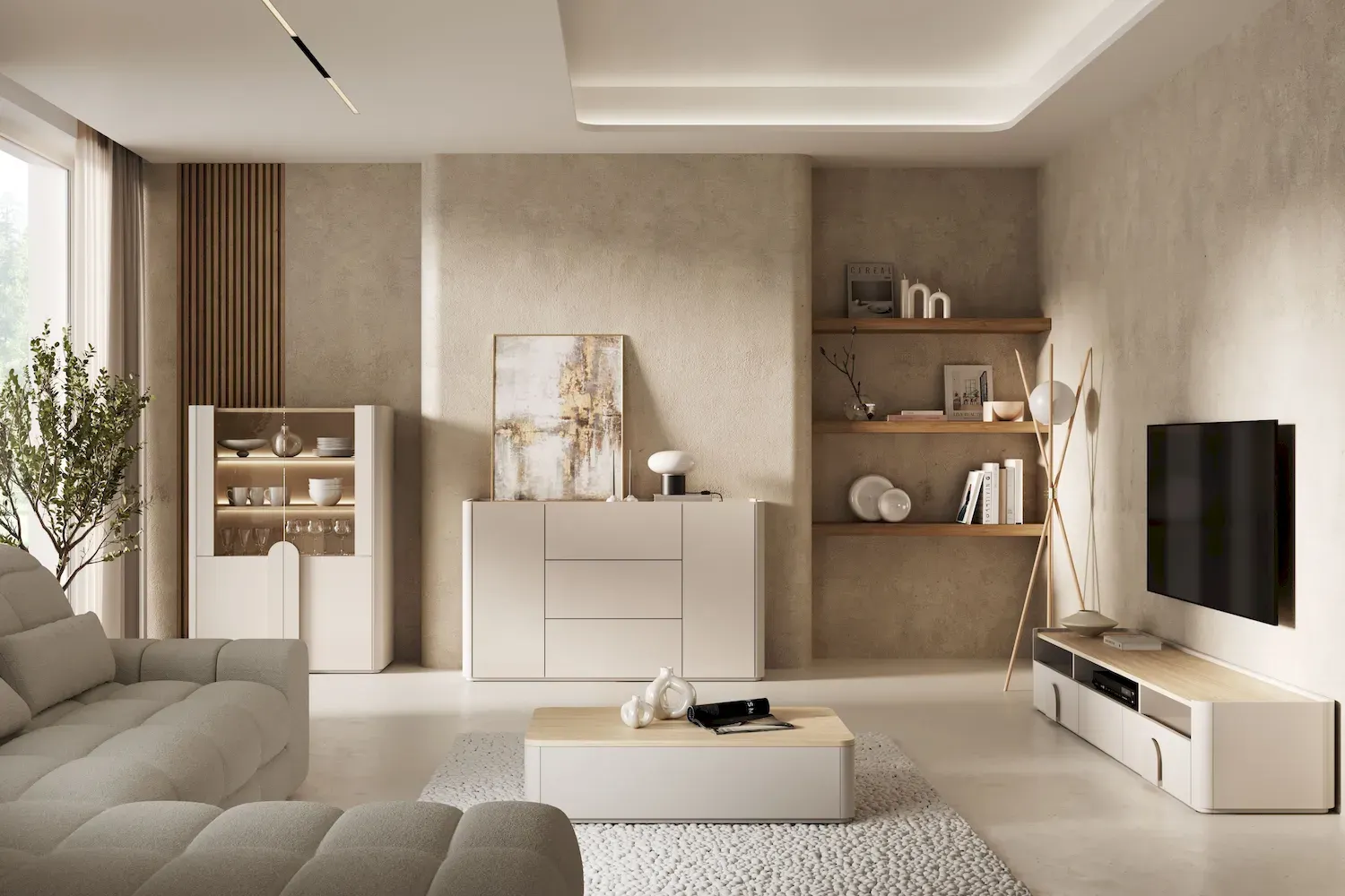 Witryna 2-drzwiowa AMILIO 100 oświetlenie LED - cashmere dąb olejowany uchwyty cashmere — zdjęcie 7