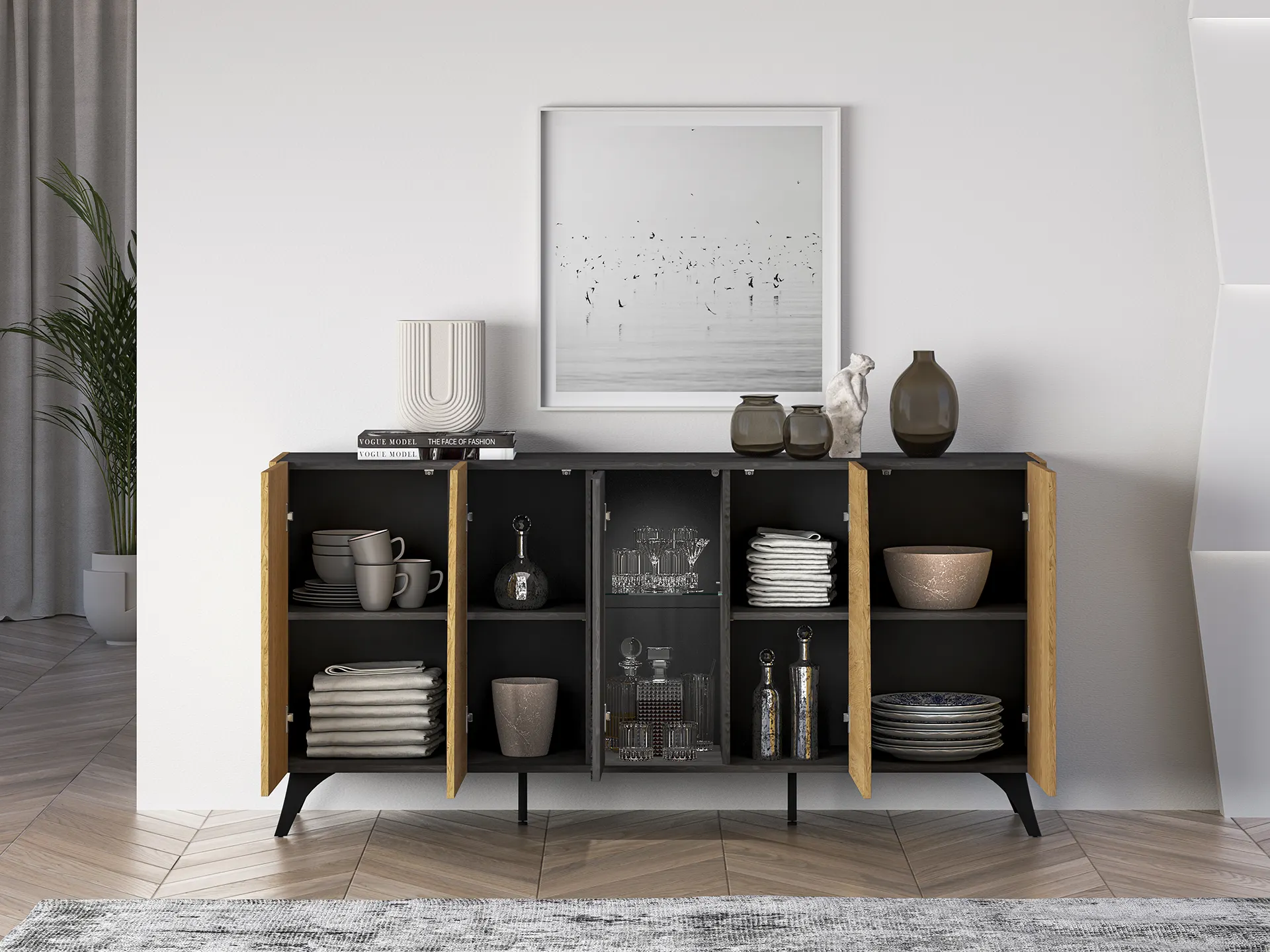 Komoda 5-drzwiowa TOSCANIA 04 dąb baltic dune jesion prestige czarny — zdjęcie 7