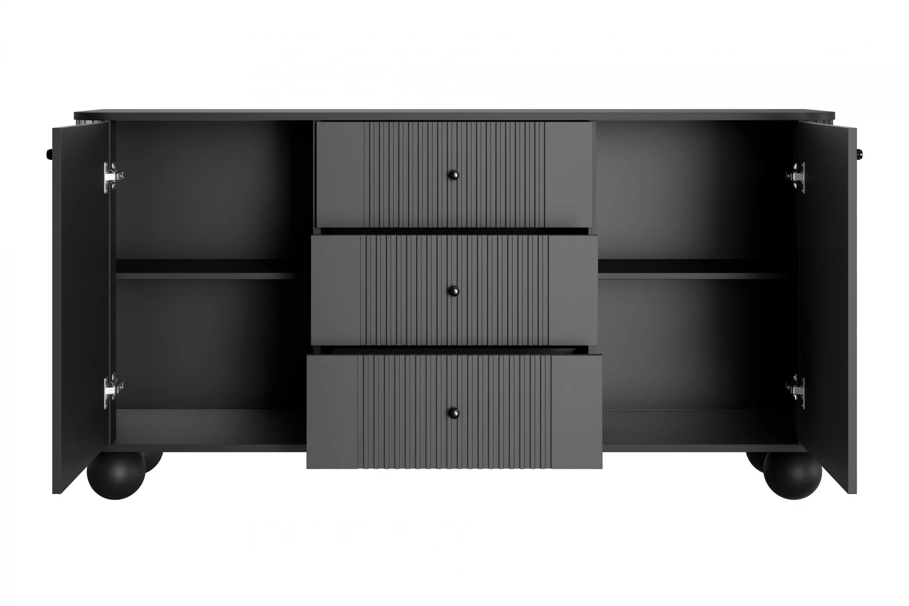 Komoda 2-drzwiowa z 3 szufladami VESPER 160 ryflowany front czarny nogi kule - B_163616