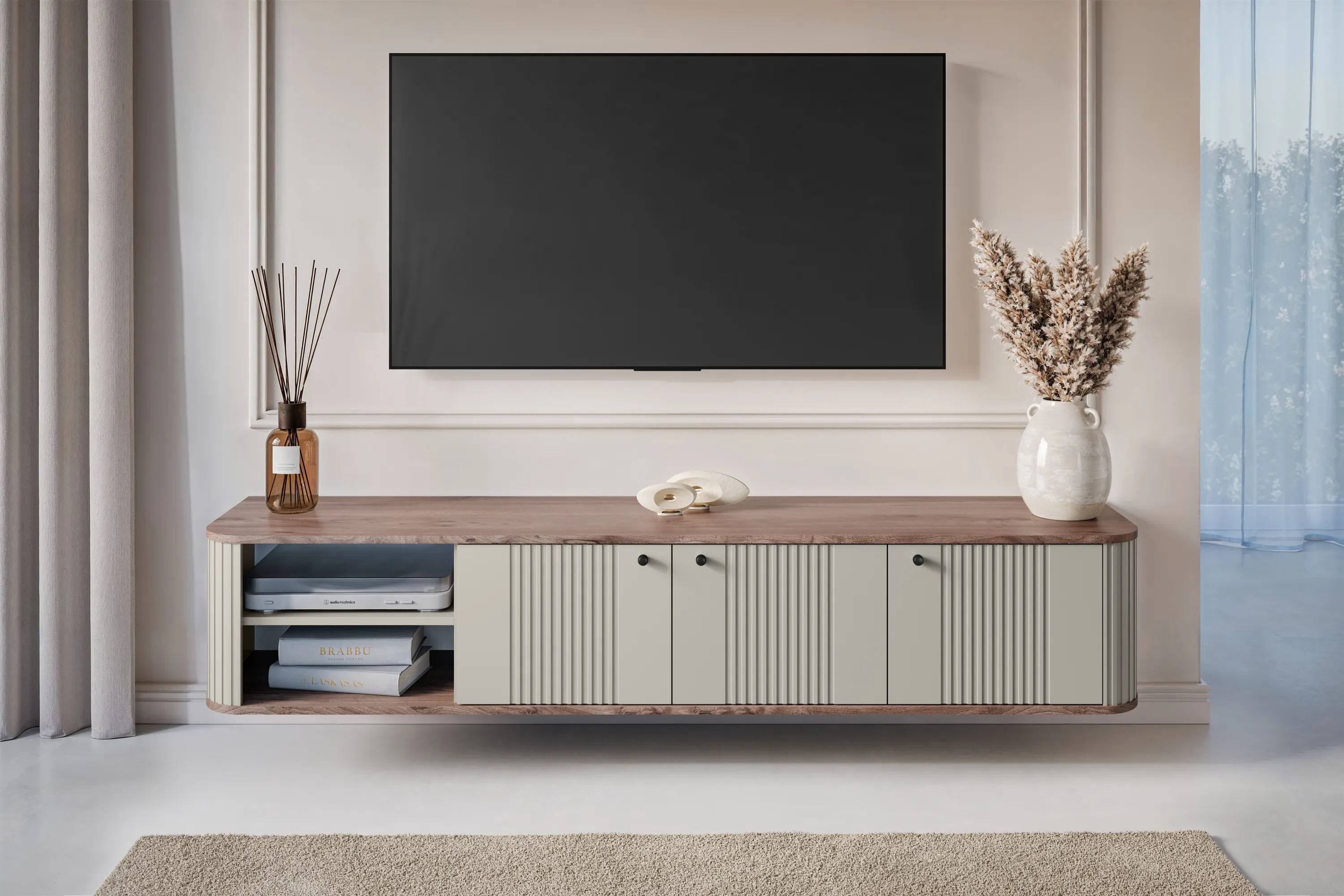 Szafka RTV wisząca 3-drzwiowa VESPER RTV 187 ryflowany front cashmere orzech czarne uchwyty - B_163687