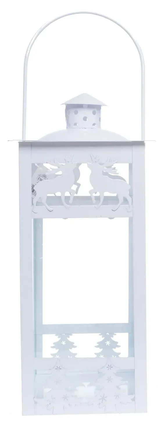 Metalowa latarnia Z RENIFERAMI I CHOINKAMI duża biała