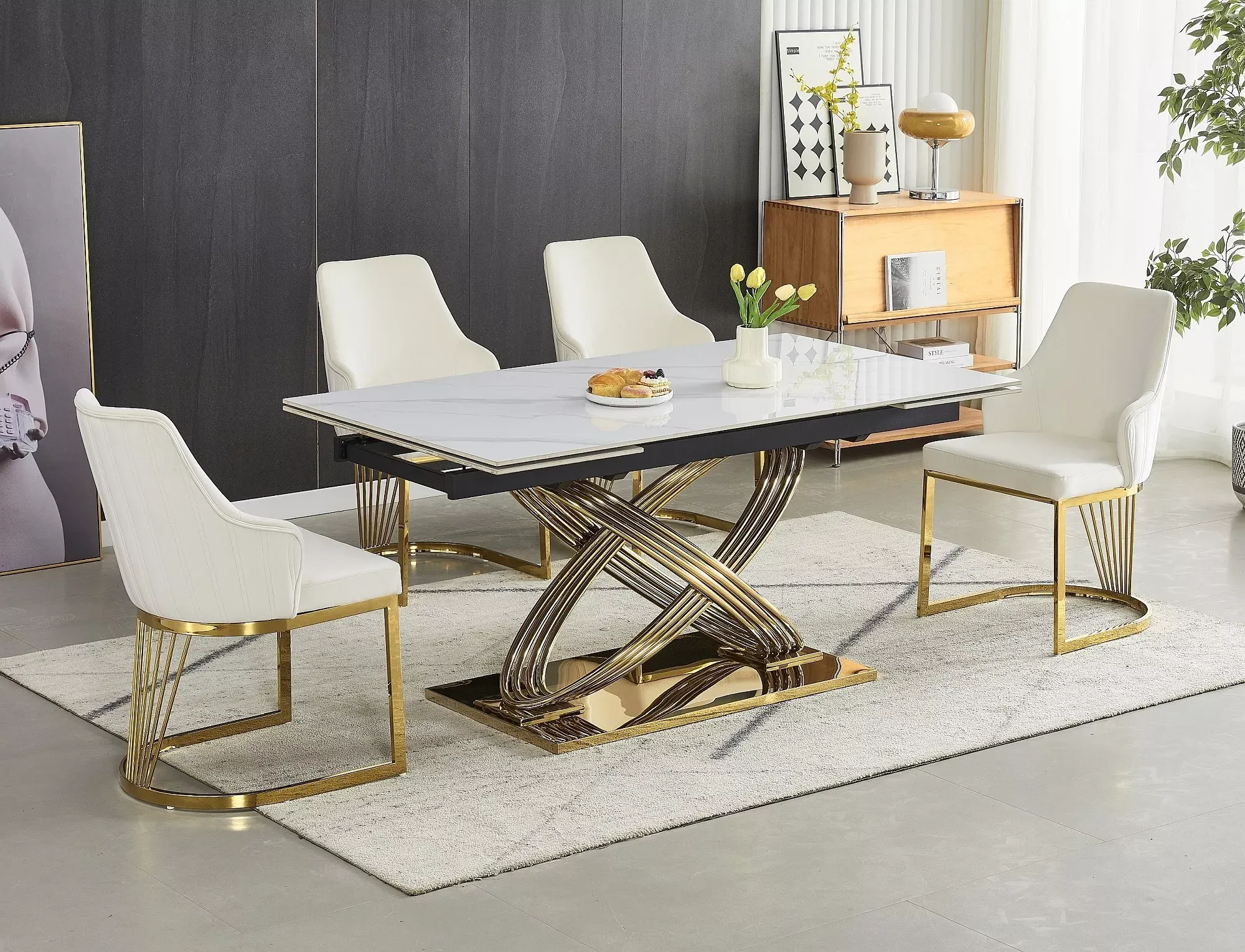 Stół rozkładany HERMES II 90x160(240) efekt marmuru biały połysk stelaż złoty - HERMESIIBZL160