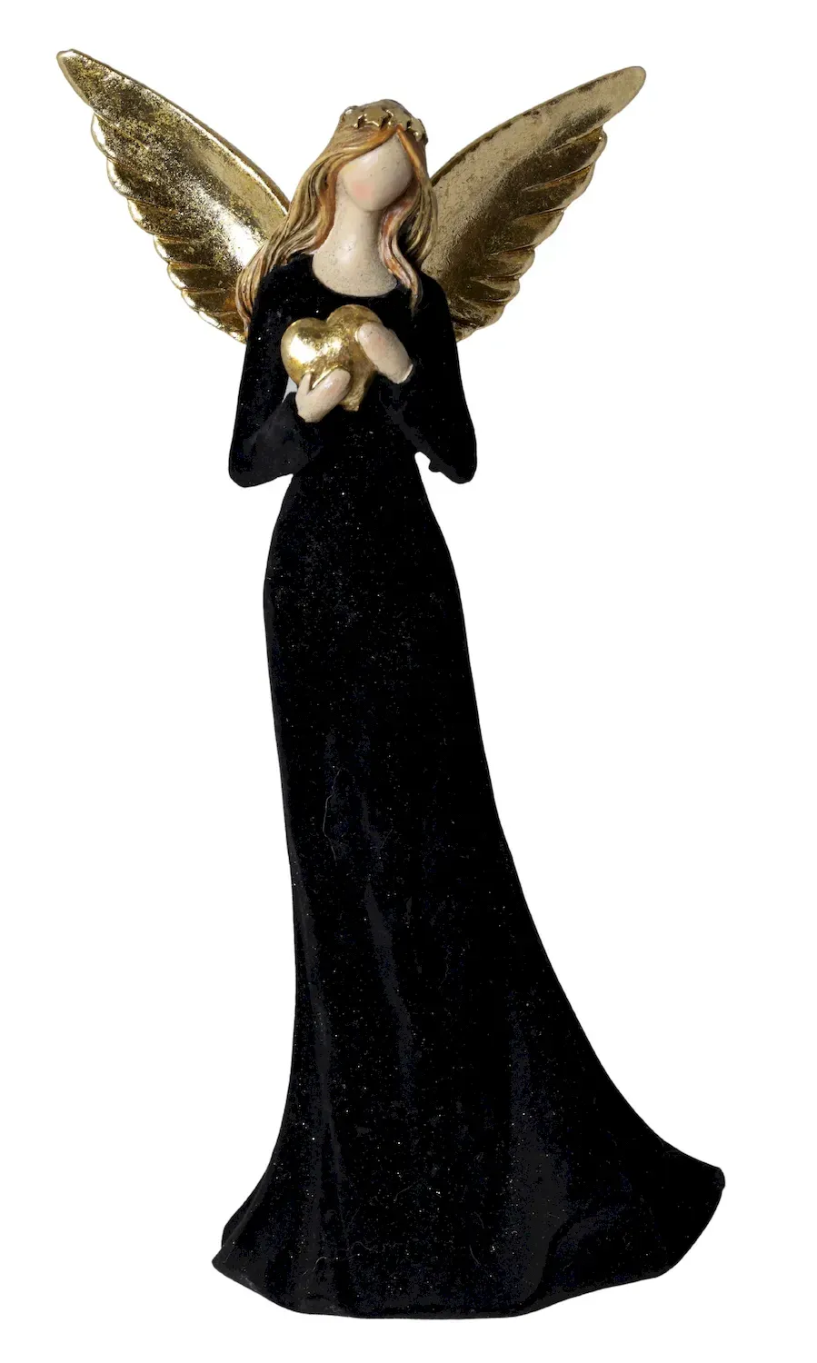 Welurowy ANIOŁ ZE ZŁOTYMI SKRZYDŁAMI 31 cm średni czarny