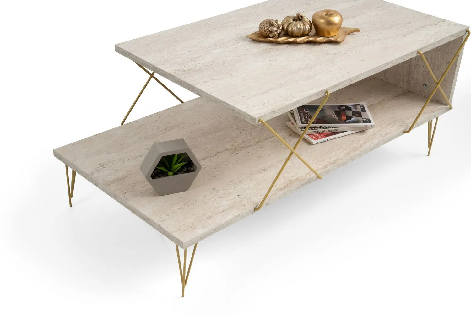 Stolik kawowy z półką LOIRE trawertynowy złoty stelaż - ASI_854KLN4764