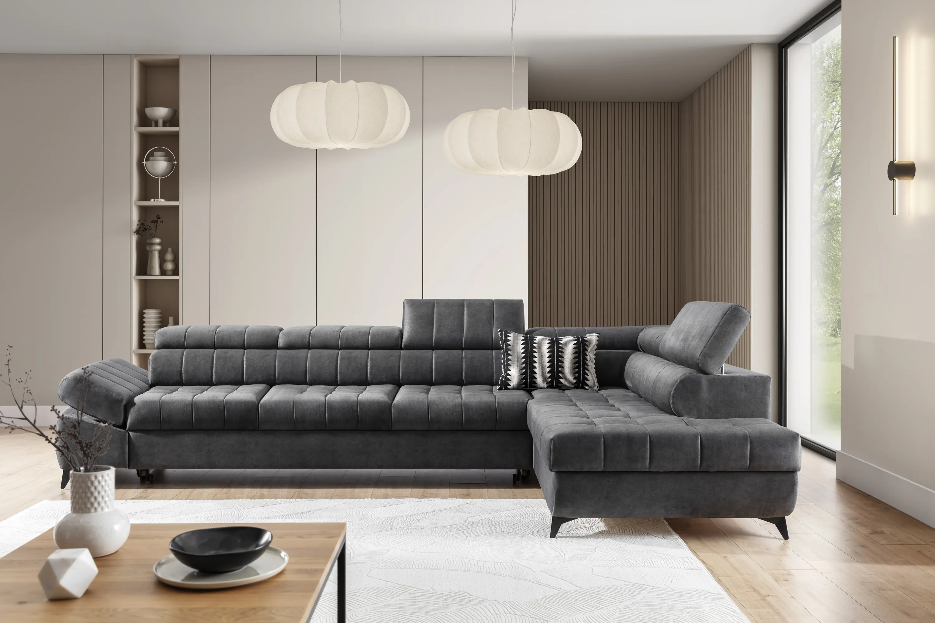 Narożnik prawostronny VALORIS MAXI regulowane zagłówki i podłokietniki tkanina Zetta 305 grafitowy - B_168597