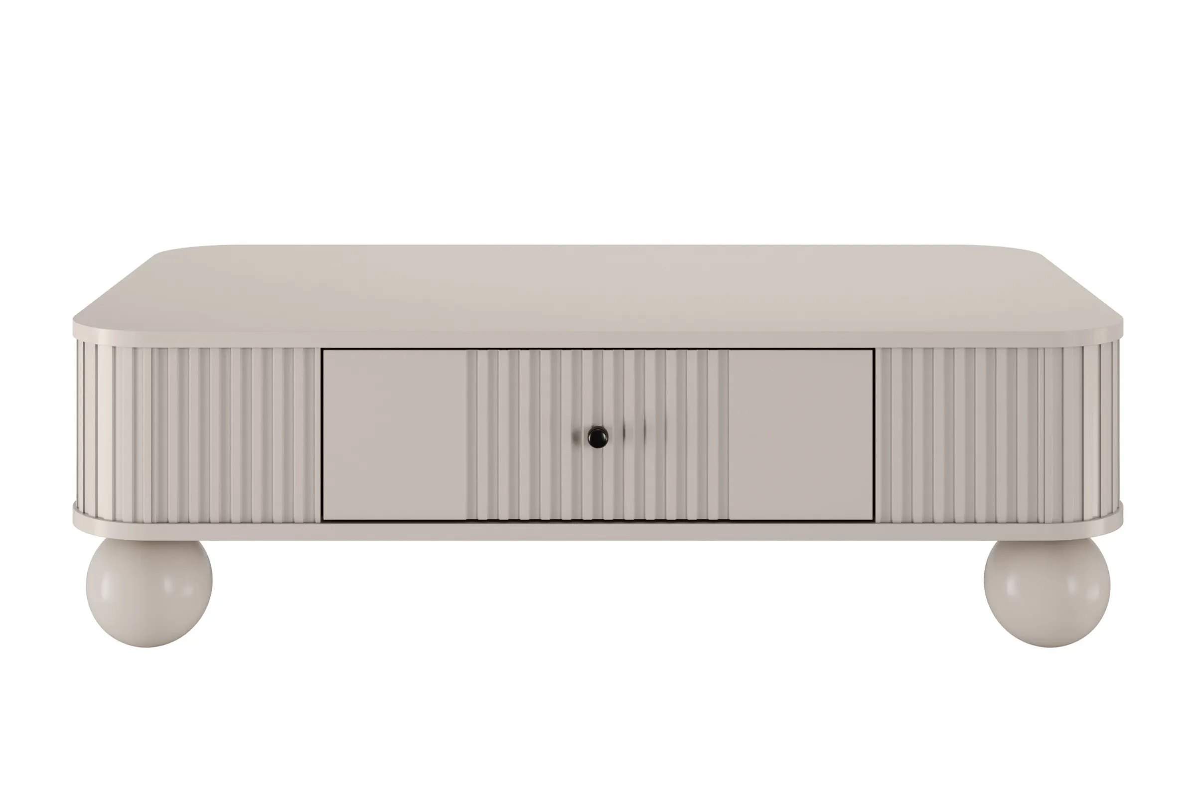 Stolik kawowy z szufladą VESPER 103 ryflowany front cashmere czarne uchwyty nogi kule - B_163806