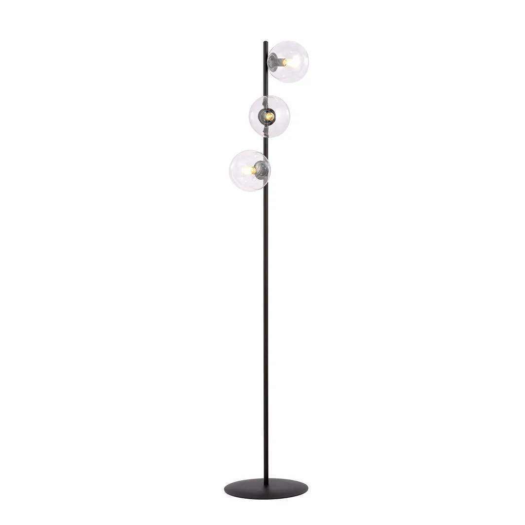 image lampa stojąca, stalowa kolumna, globe lamp, transparentne klosze, podstawa okrągła