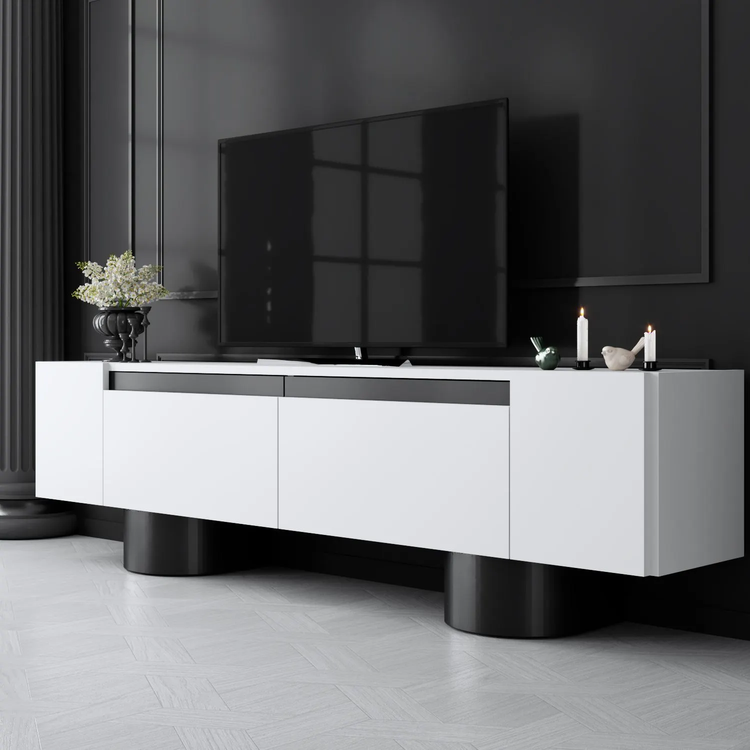 Szafka RTV z 2 klapami na blaszanych nogach BOHEM 180x50x30 cm biały czarny - ASI_618BLY1267