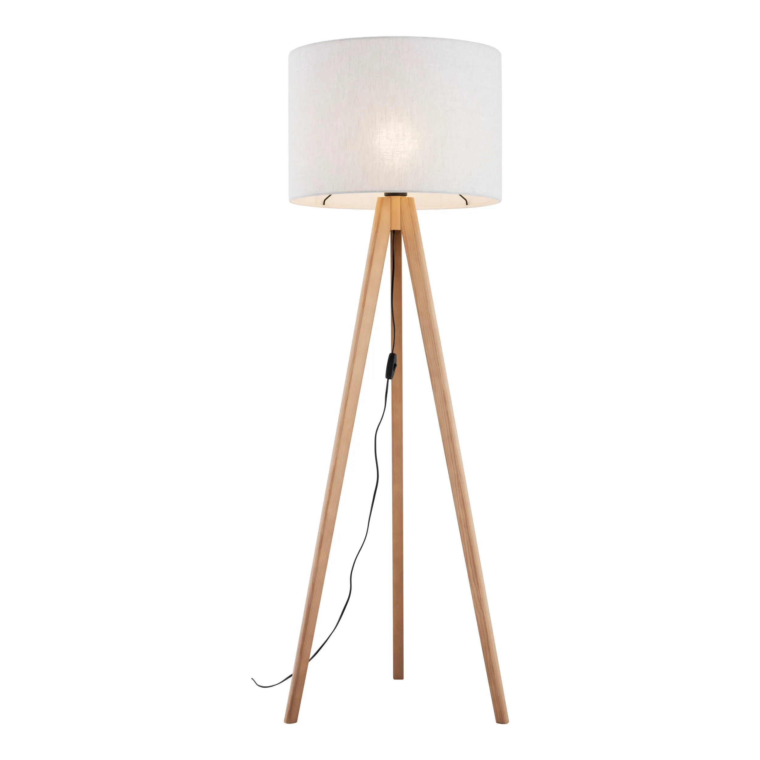 Lampa podłogowa GRAND na sosnowych jasnych nogach z szarym okrągłym abażurem z tkaniny 145x50cm - TK_16007