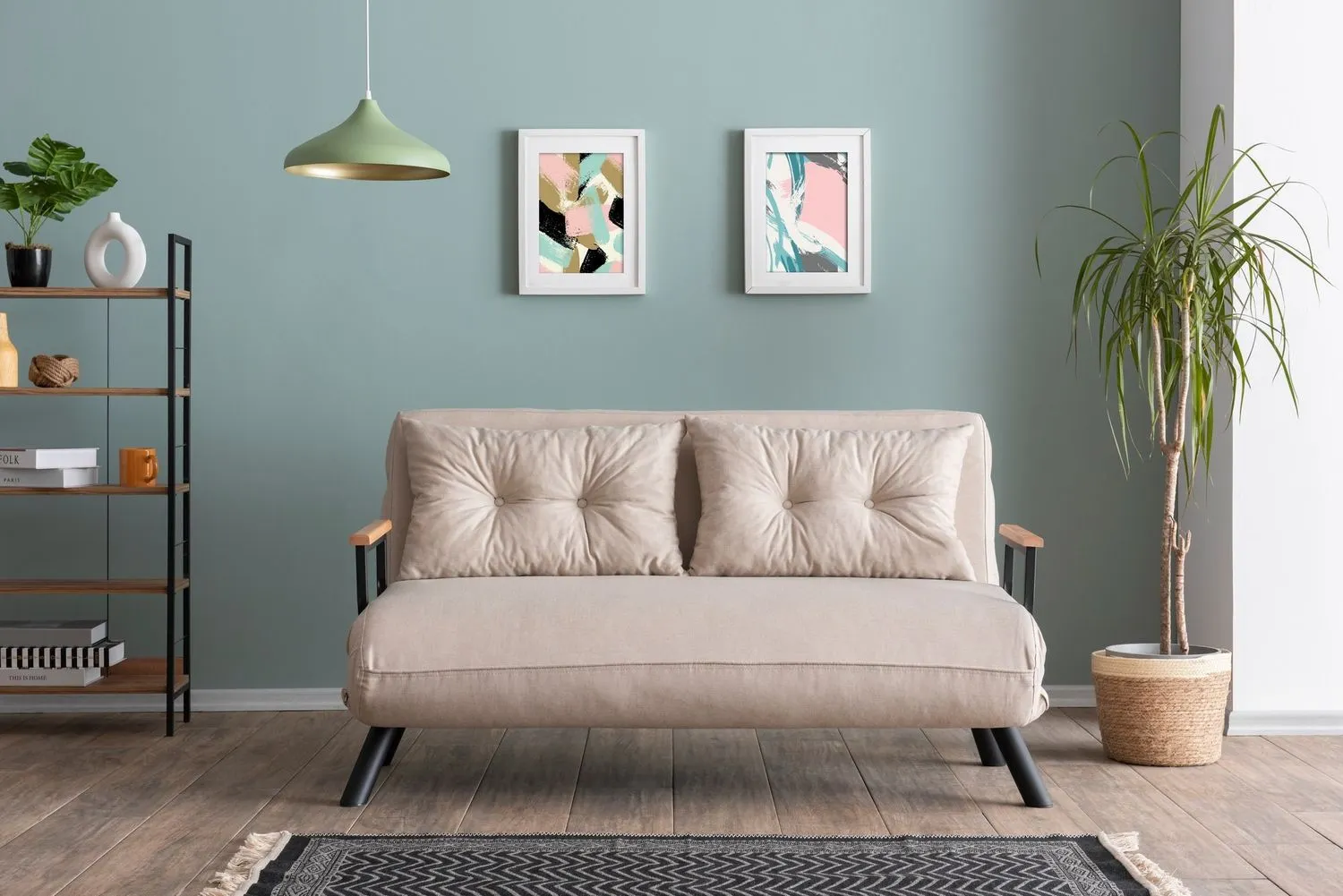 Sofa rozkładana 2-osobowa z lnianą tapicerką SANDO kremowa — zdjęcie 7