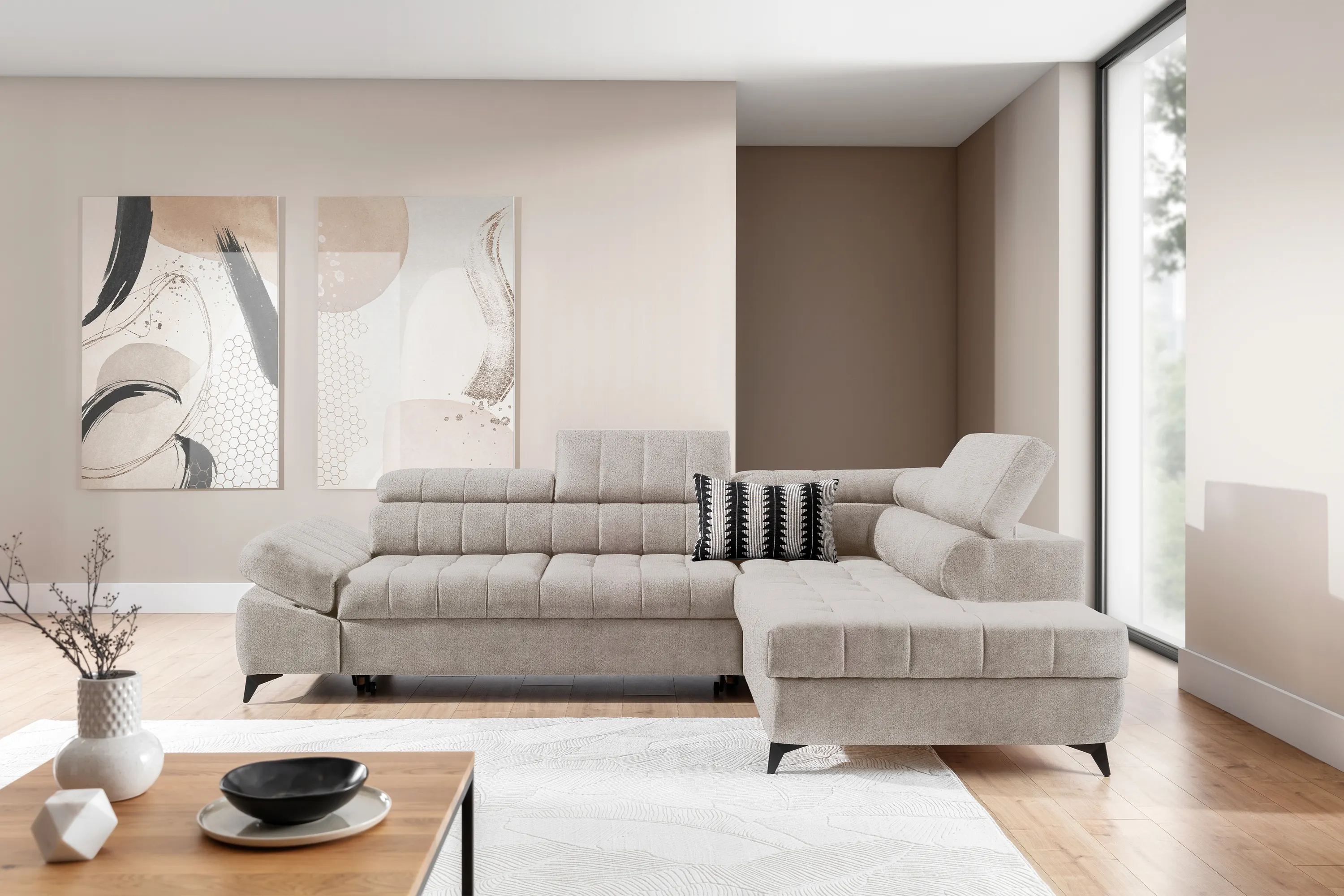 Narożnik prawostronny VALORIS L regulowane zagłówki i podłokietniki tkanina Perfect Harmony 07 beżowy - B_162919