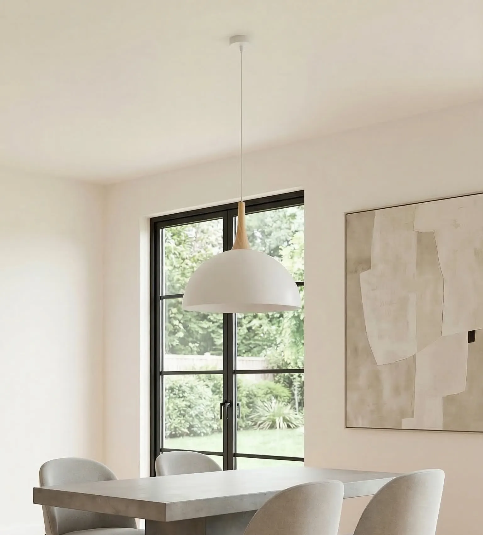 image lampa wisząca, minimalistyczna jadalnia, biała lam parasolowa, stół betonowy, krzesła tapicerowane