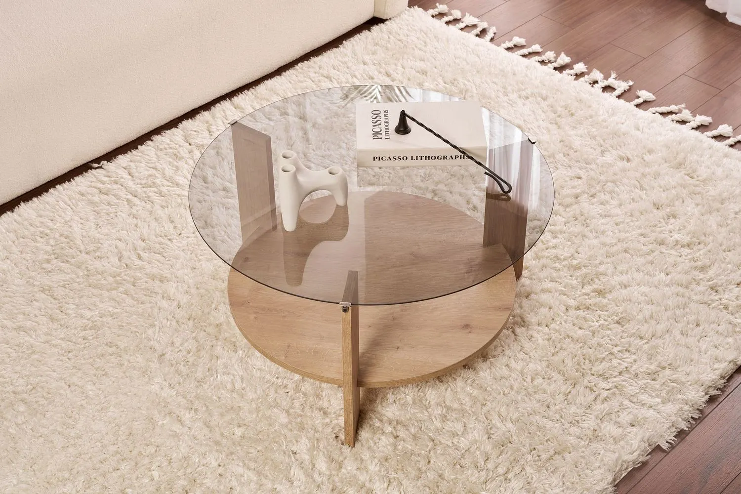 Stolik kawowy okrągły z półką CLARA 75 cm dąb sapphire blat szkło dymione