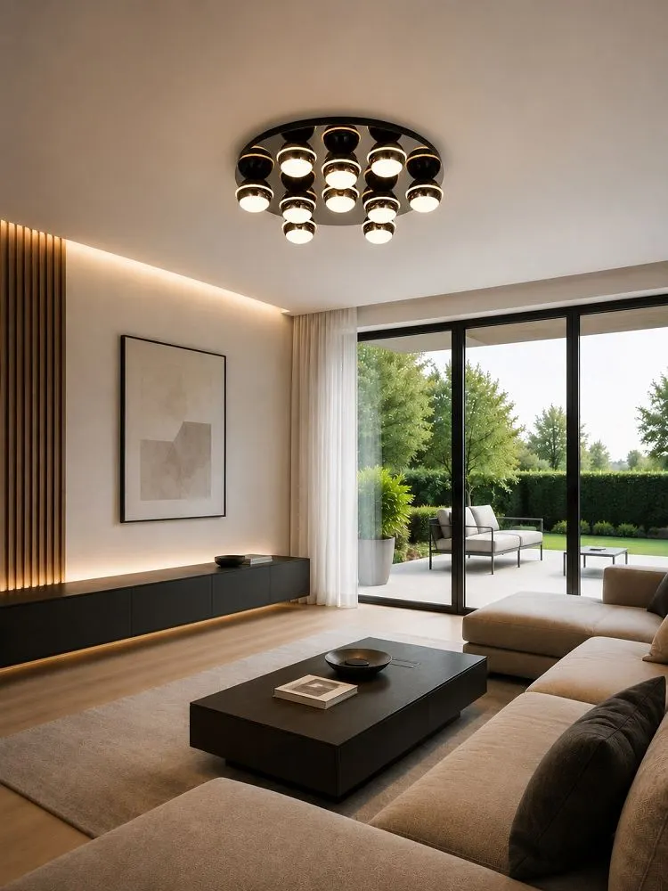 image lampa sufitowa, osiem świateł plafon, salon nowoczesny, duży plafon okrągły, strefa wypoczynkowa