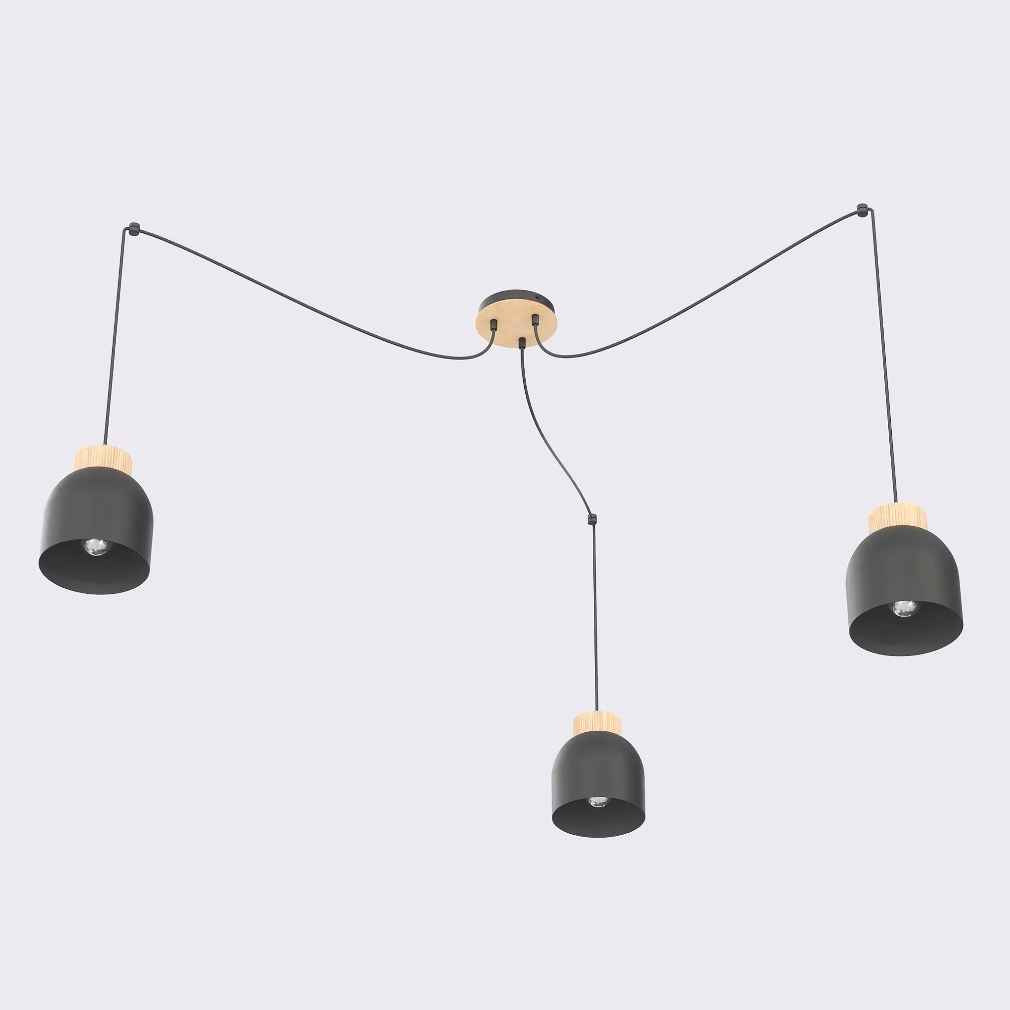 lampa sufitowa, zwisająca lampa, czarny abażur, metalowy przewód, drewniane elementy