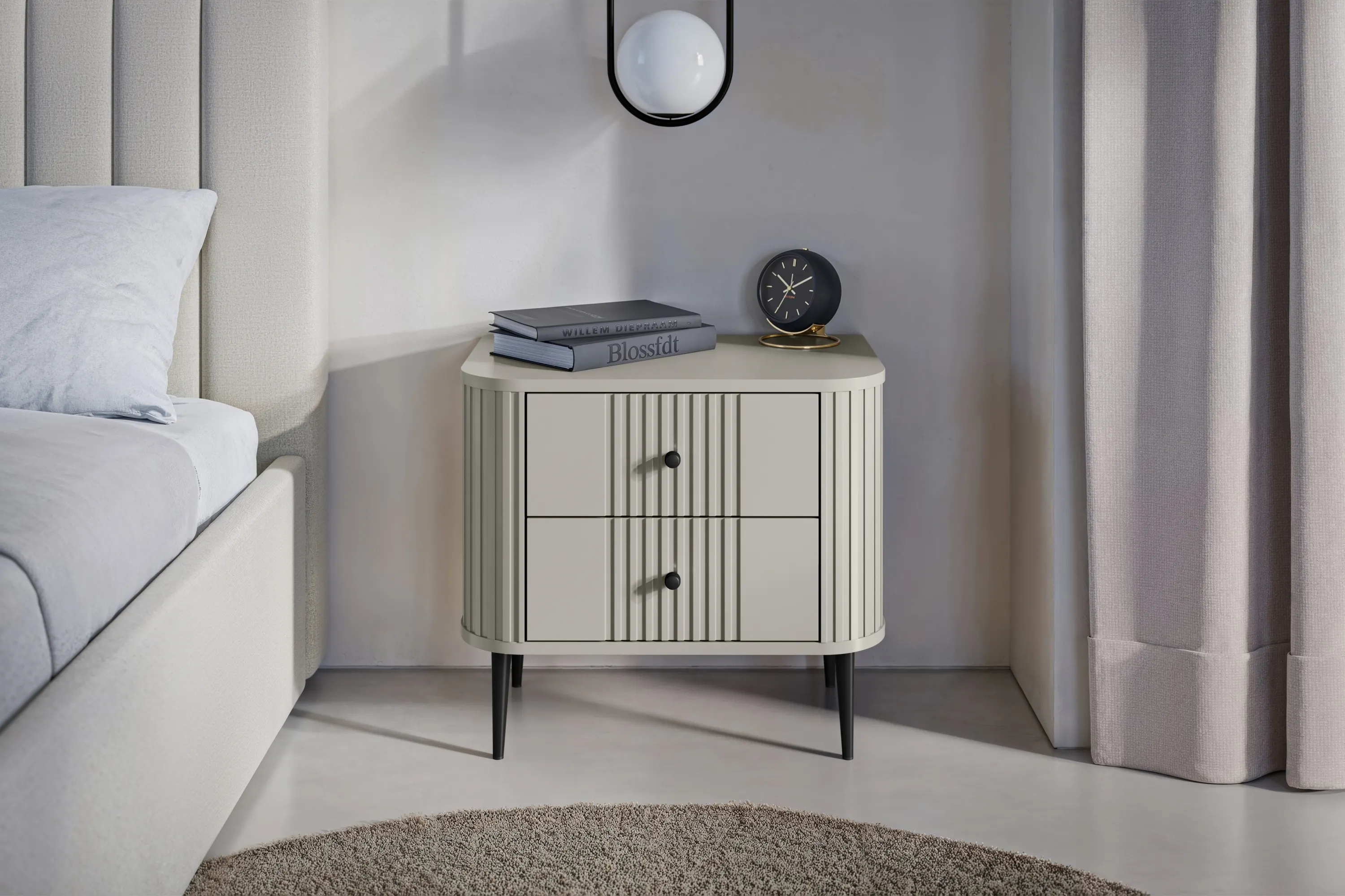 Szafka nocna z 2 szufladami VESPER 56 zestaw 2 sztuk ryflowany front cashmere czarne nogi - B_163827