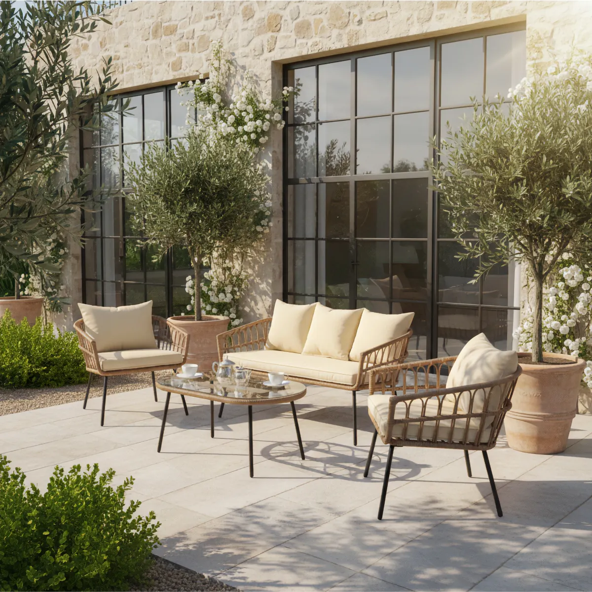 image meble-ogrodowe, zestaw wypoczynkowy, sofa ogrodowa, fotel ogrodowy, poduszki jasne