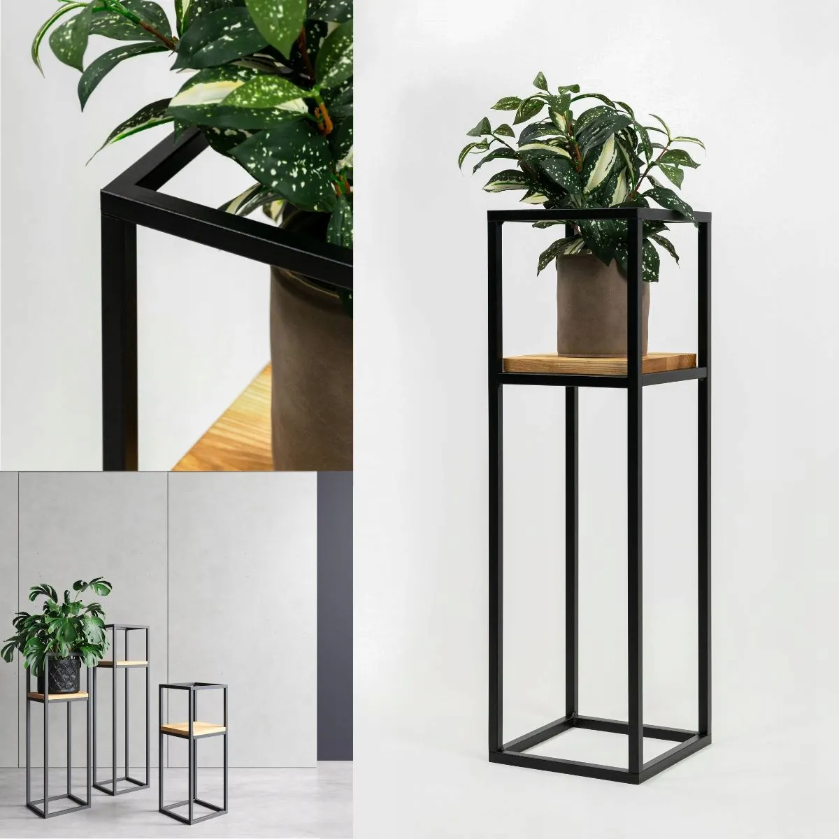 Kwietnik stojący ANET M metal drewno czarny naturalny - LD_TZ000173