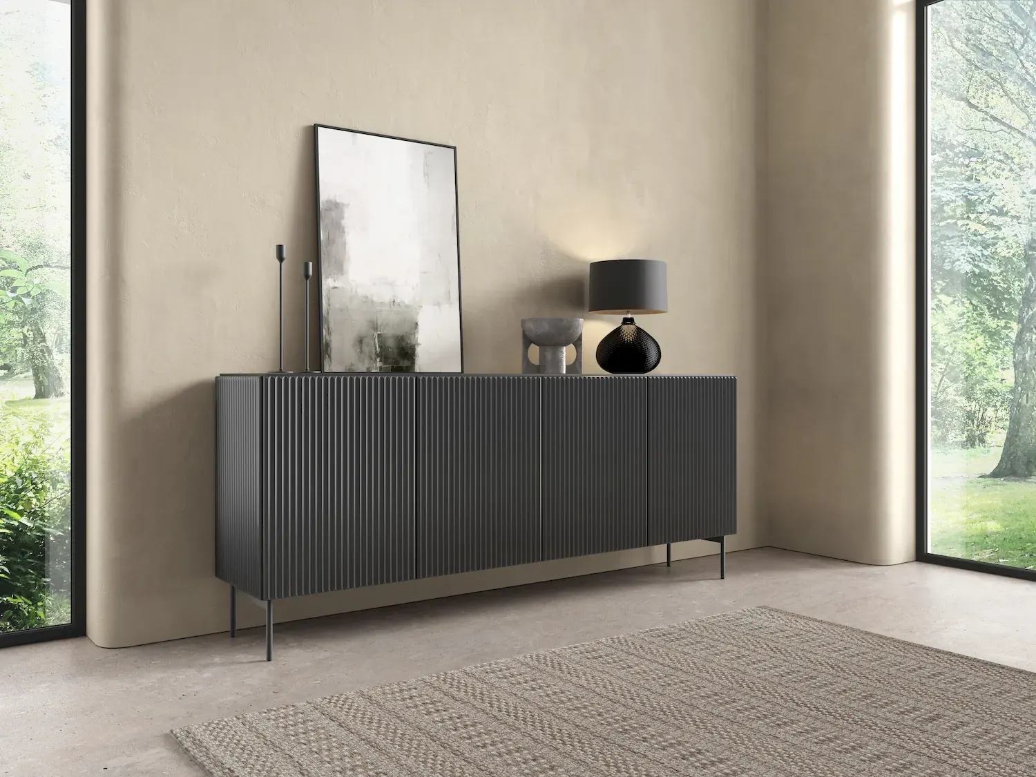 Komoda 4-drzwiowa MUTI 195 ryflowany front czarna - LA_MUTI_KOMODA_195_4D_CZARNY