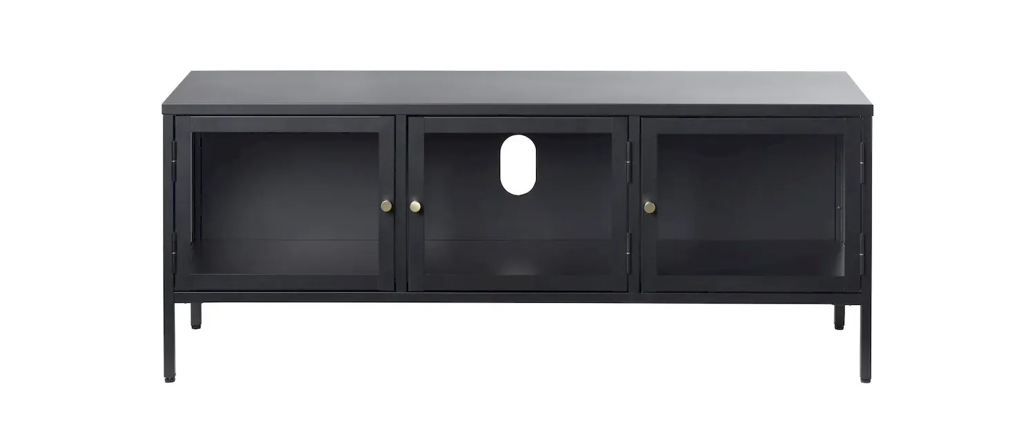Szafka RTV 3-drzwiowa CARMEL z przeszklonymi drzwiami i bokami 132 cm  - czarna