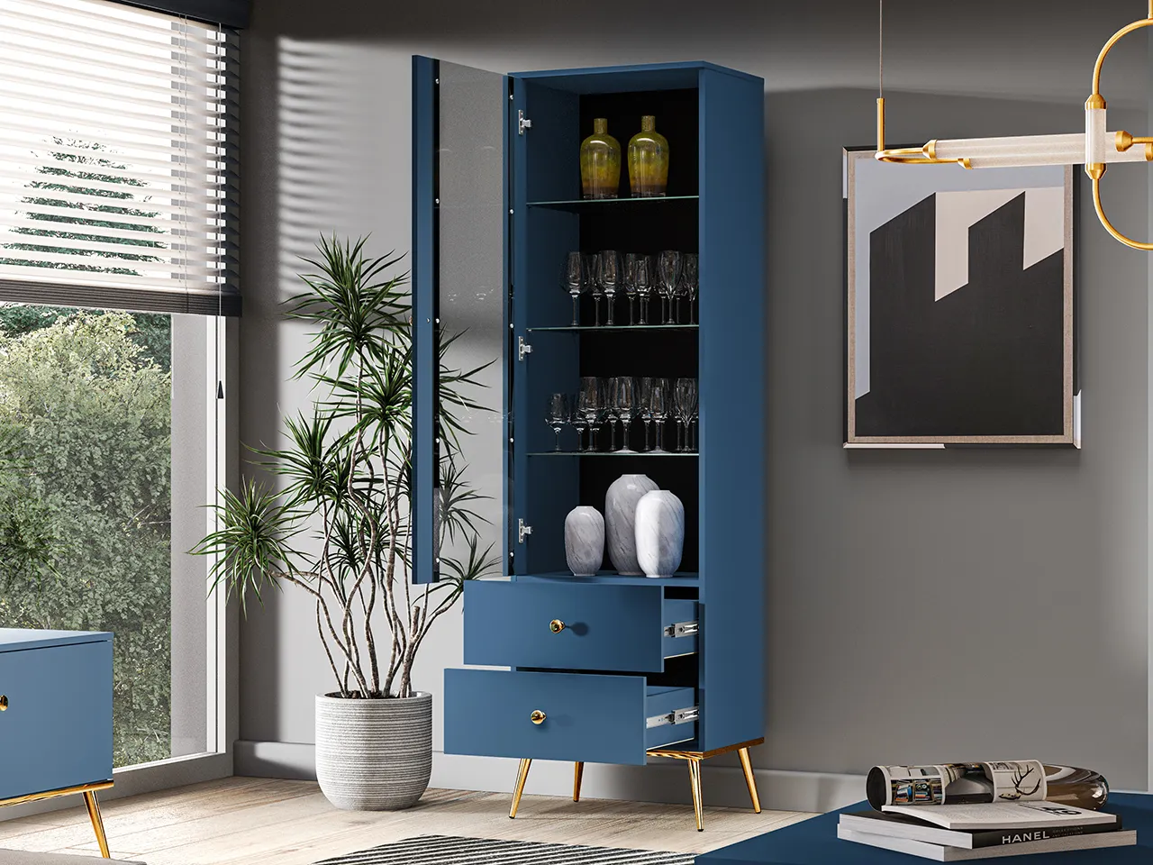 Witryna 1-drzwiowa z 2 szufladami MARINE 01 błękit ciemny, złoty - 1MARI01-001