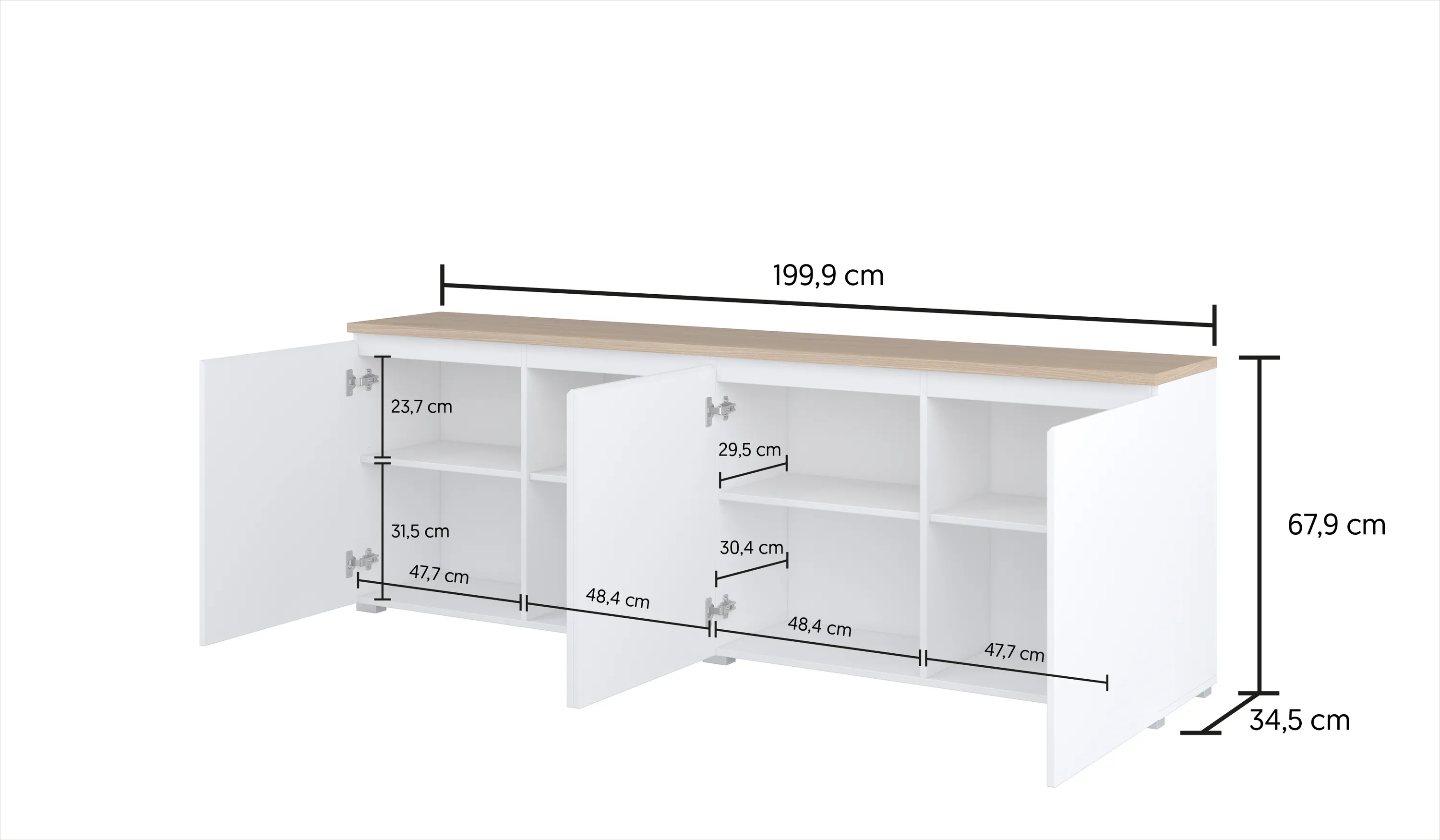 image szafka dolna, korpus biały, blat drewnopodobny, meble do kuchni, szafka z półkami