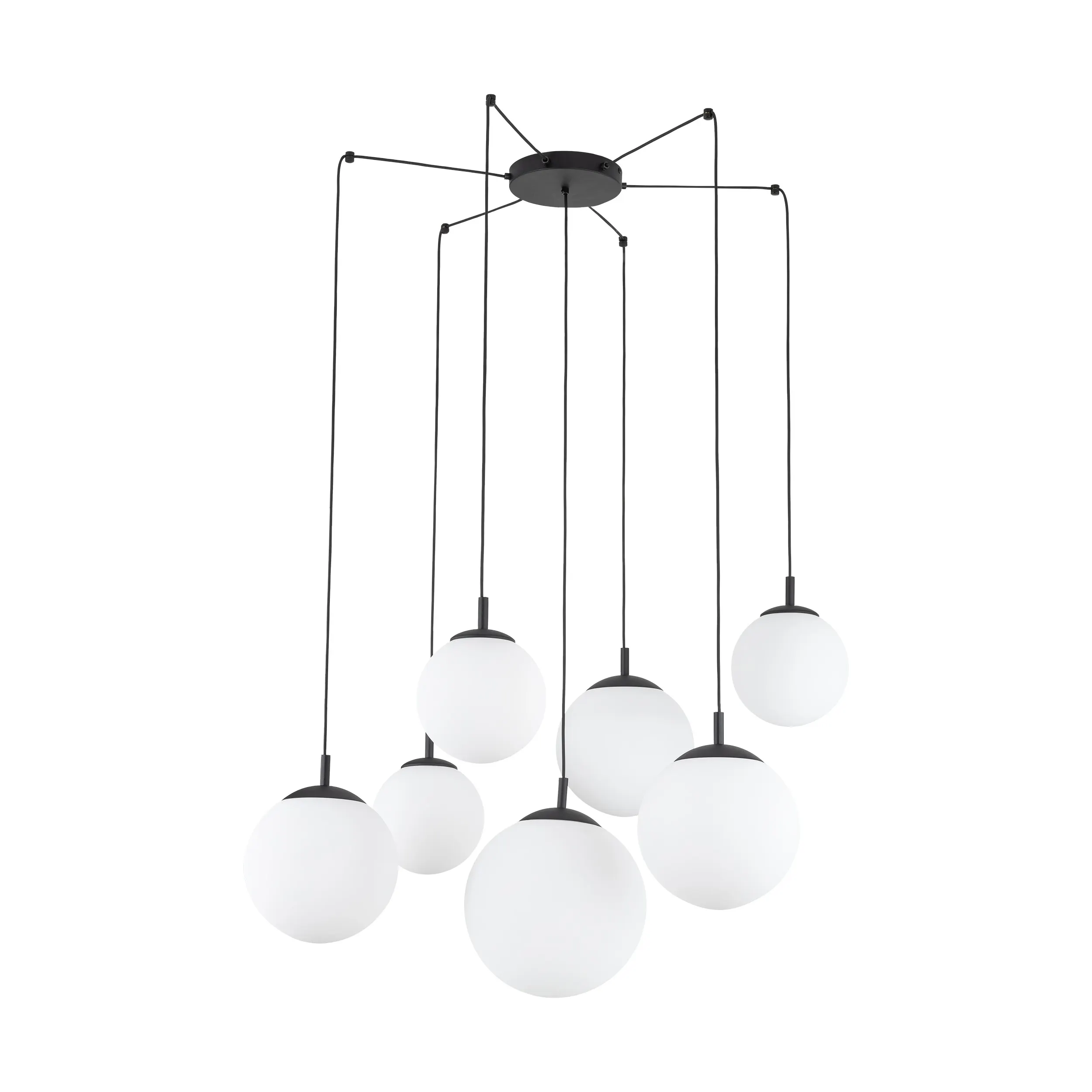 Lampa wisząca ESME czarna z białymi okrągłymi szklanymi kloszami podczepiana dodatkowo jak pająk 180cm