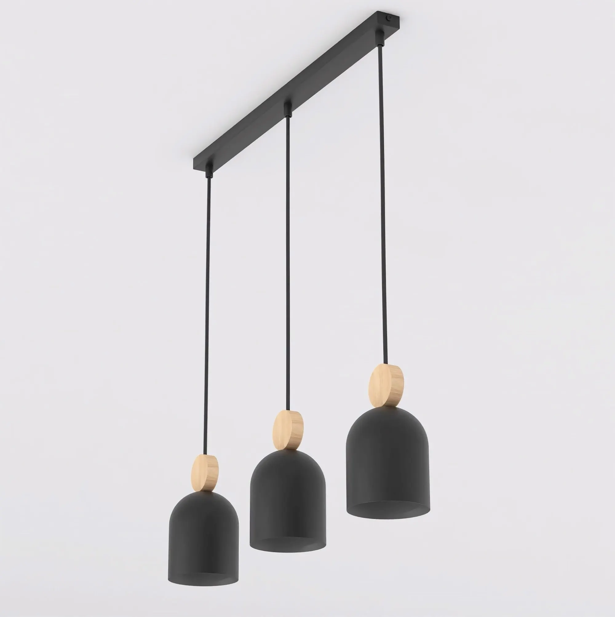 lampa wisząca, trzy punkty, czarna, metalowy klosz, drewniane elementy