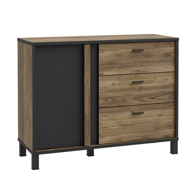 Komoda 1-drzwiowa z 3 szufladami HAYATO, efekt drewna, czarny Meble, Kredens, Szafka, Szuflada, Komoda