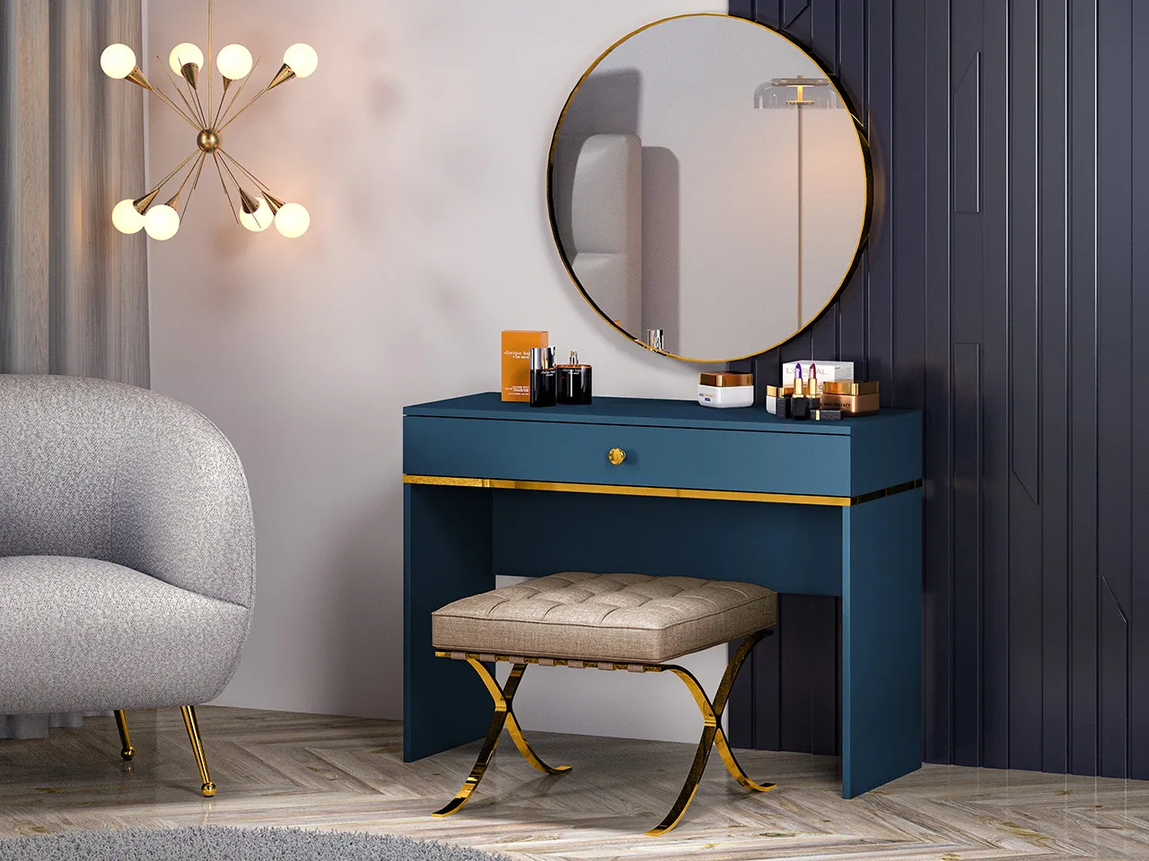 Toaletka z szufladą MARINE 09 błękit ciemny, złoty - 1MARI09-001