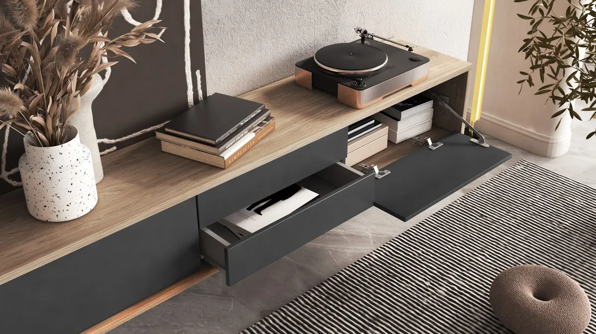 Szafka RTV FRIDA z opcją podwieszenia 2-drzwiowa z 2 szufladami dąb olejowany antracyt 180x36x32cm - 24DJMT39