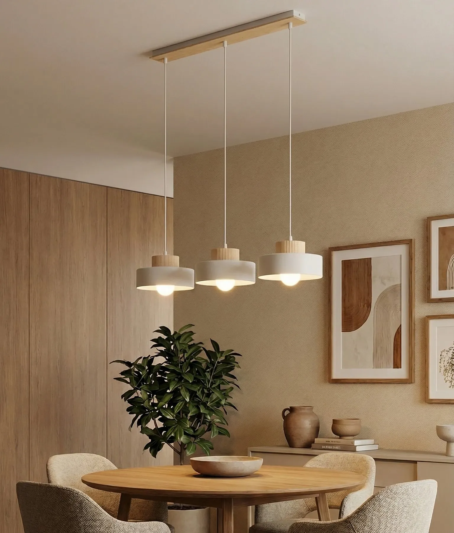 image lampa wisząca, pendant light, drewniane elementy, oswietlenie jadalni, stół drewniany