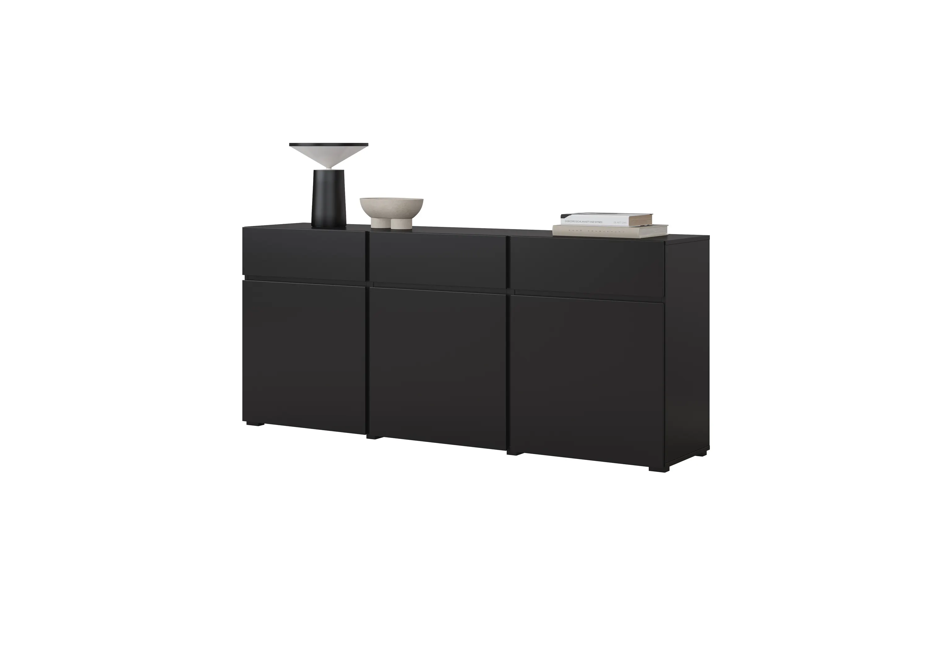 image kredowy kredens, modułowy mebel, szafki dolne, czarny kolor, półki i szafki