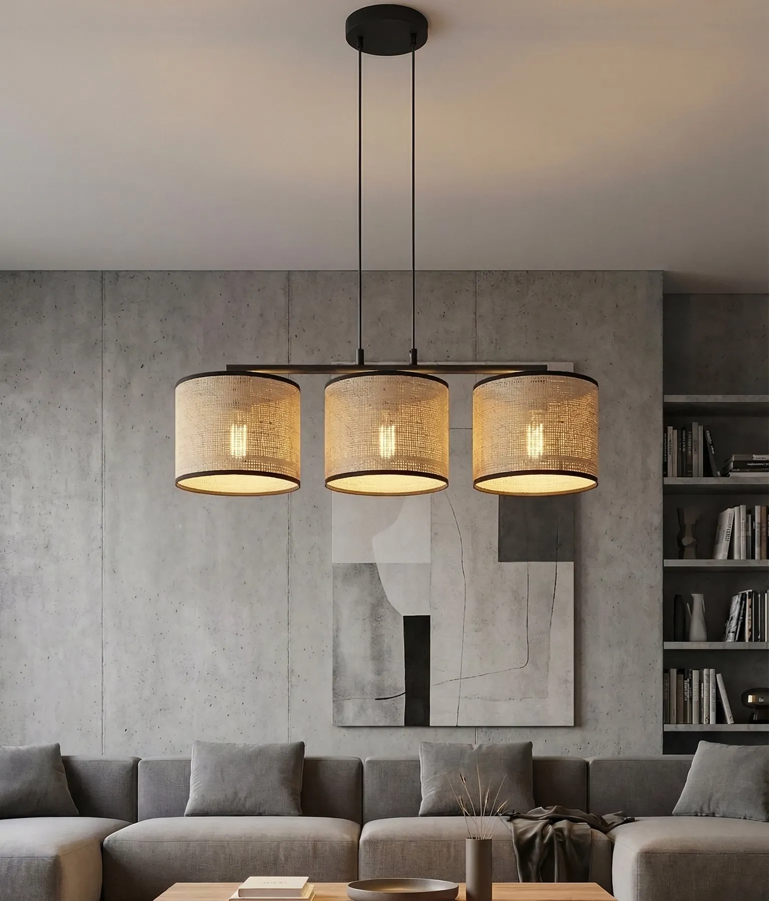 image lampa wisząca, trzy klosze, salonowy design, kinkiety?, płytki betonowe tło