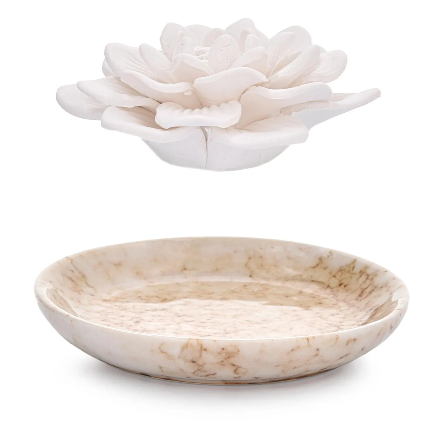 ceramic dish, marble pattern, stoneware, white flower, sculpted flower