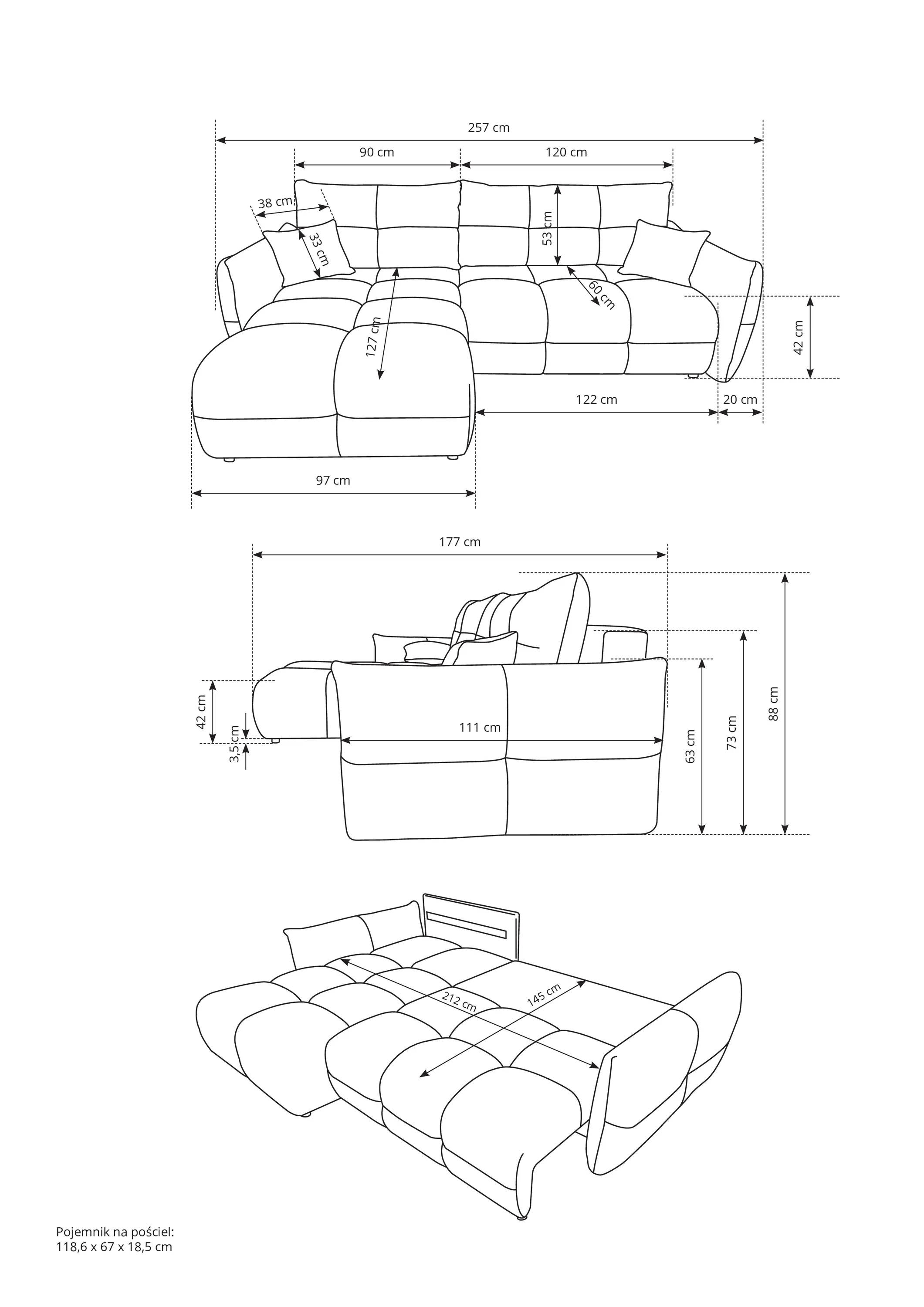 Narożnik rozkładany z pojemnikiem BASE SICURIO 257 cm L/P pikowany kremowy - BASE_NAR_SICURIO60