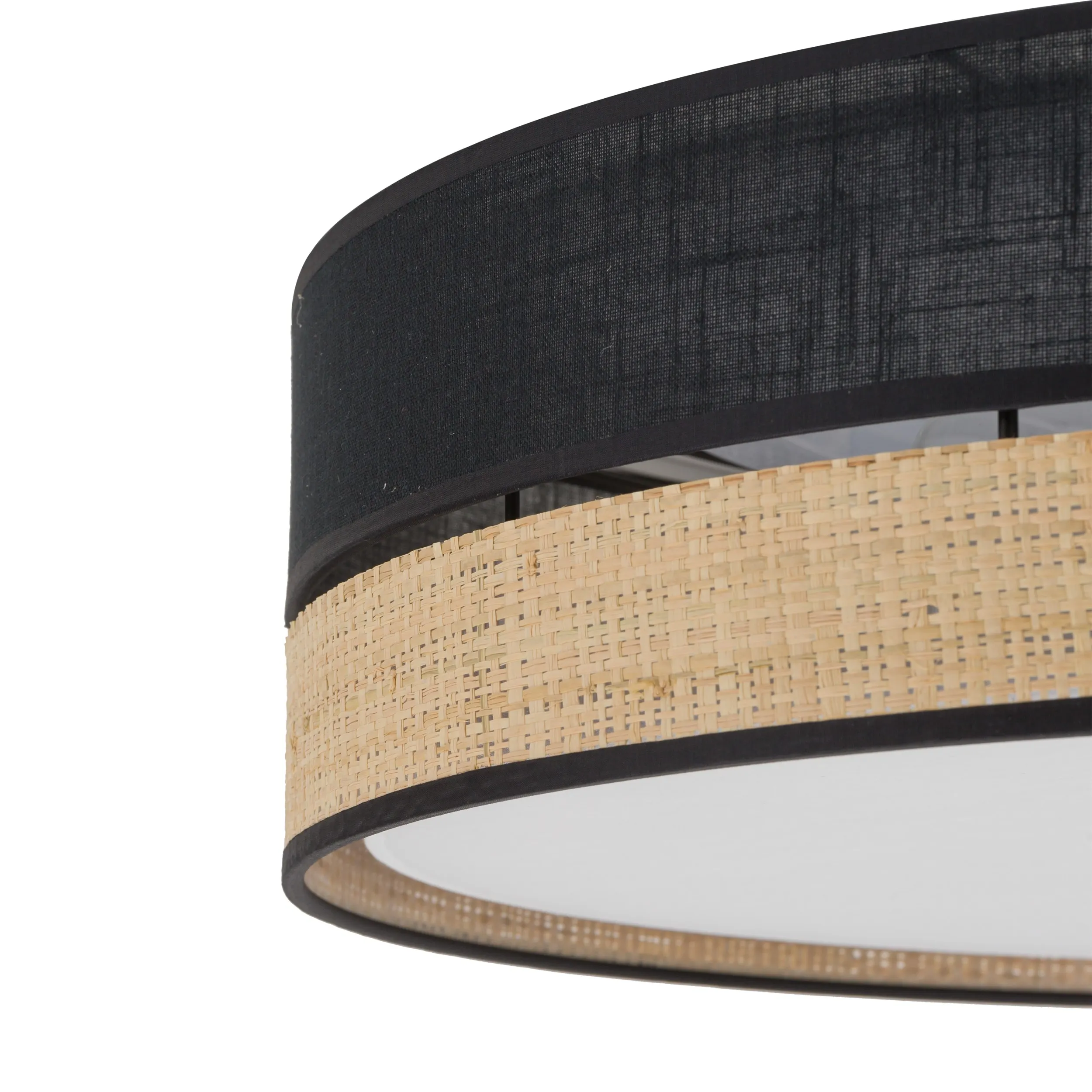 Lampa sufitowa PAGLIA czarna z elementem z tkaniny plecionki i białym kloszem okrągła 45x15cm - TK_4763